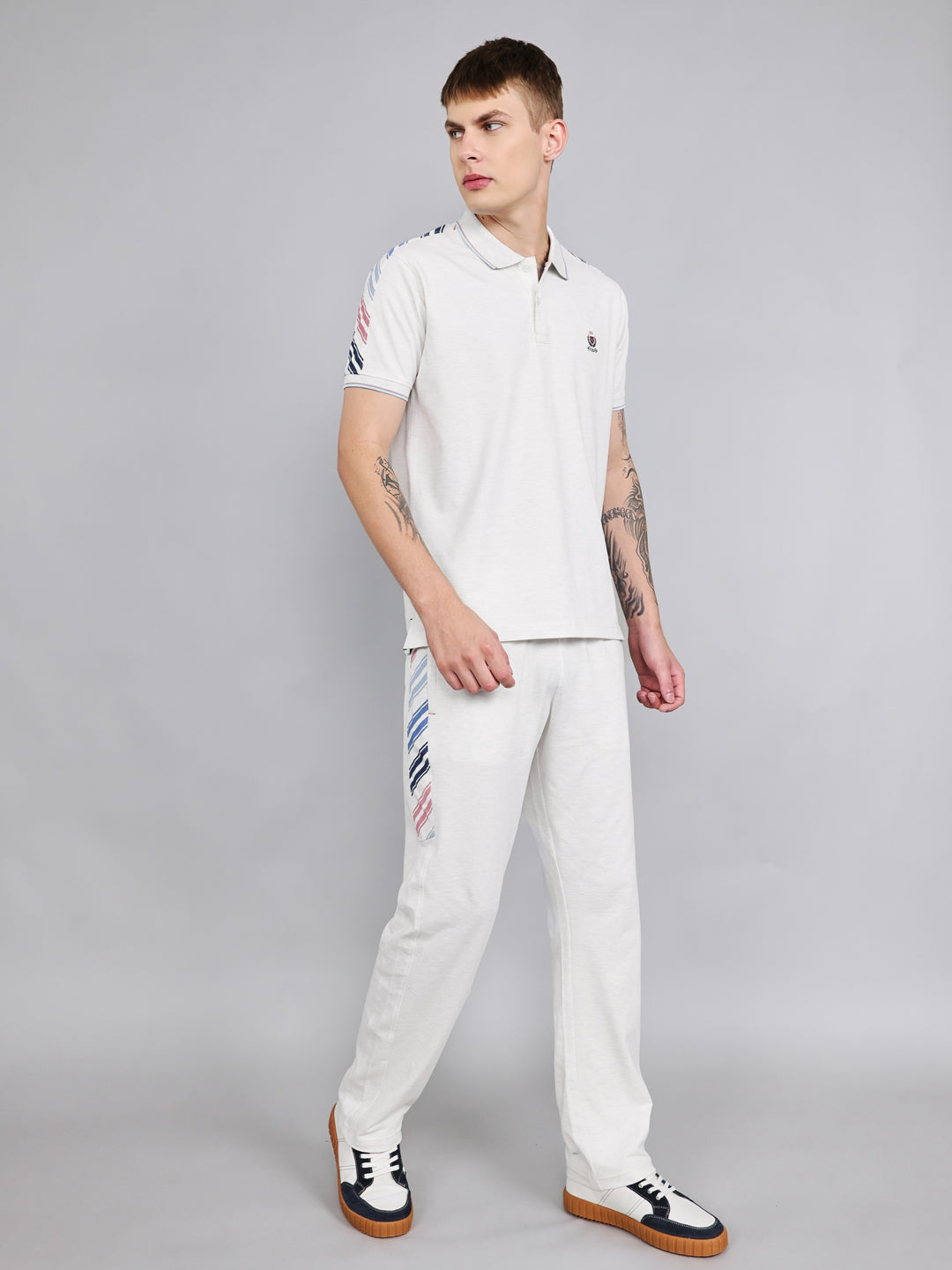 Men Off White Solid Collar Half Sleeve Lower Set