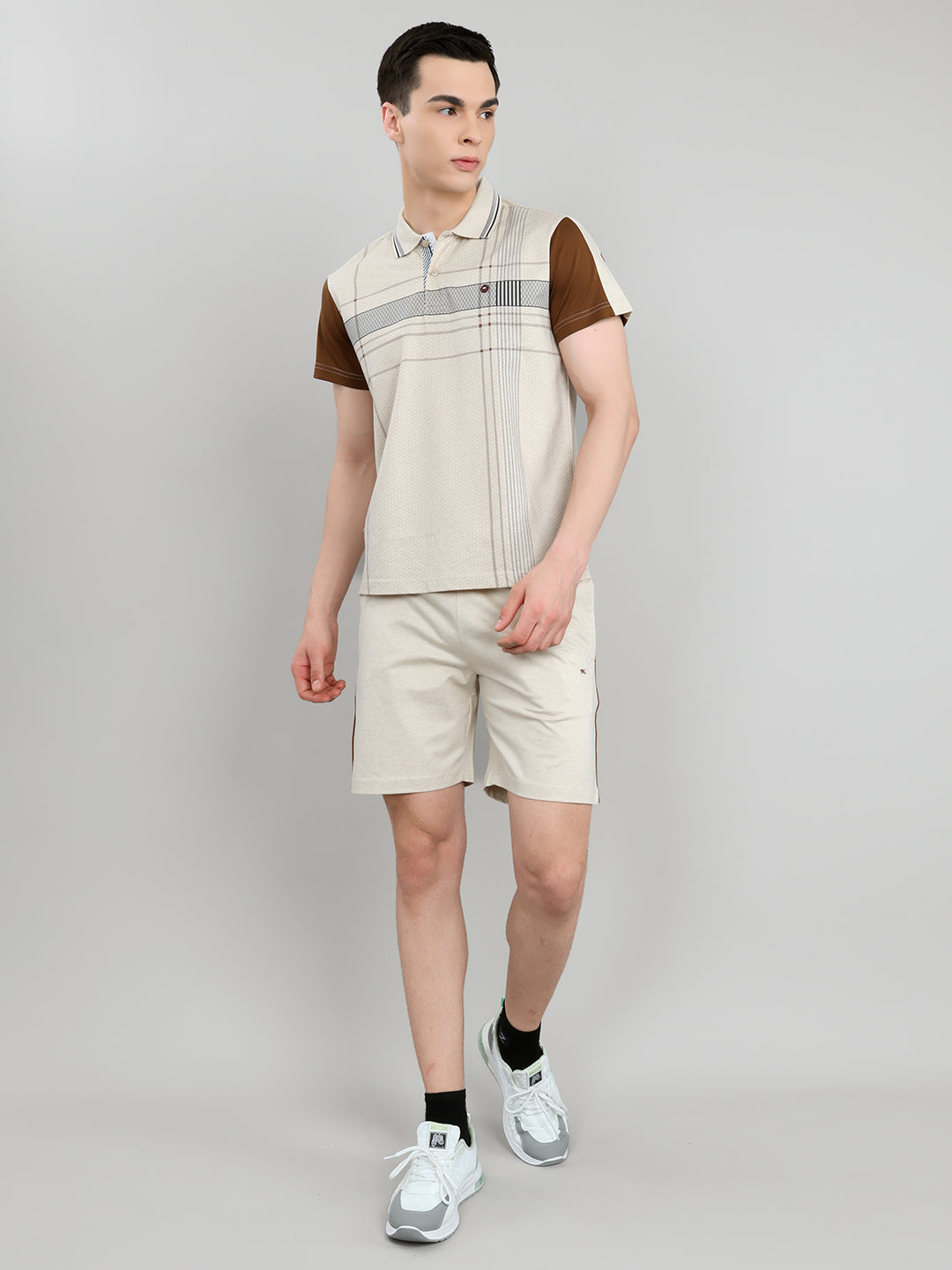 Men Beige & Brown Self Design Collar Half Sleeve 3 Pc Combo Set