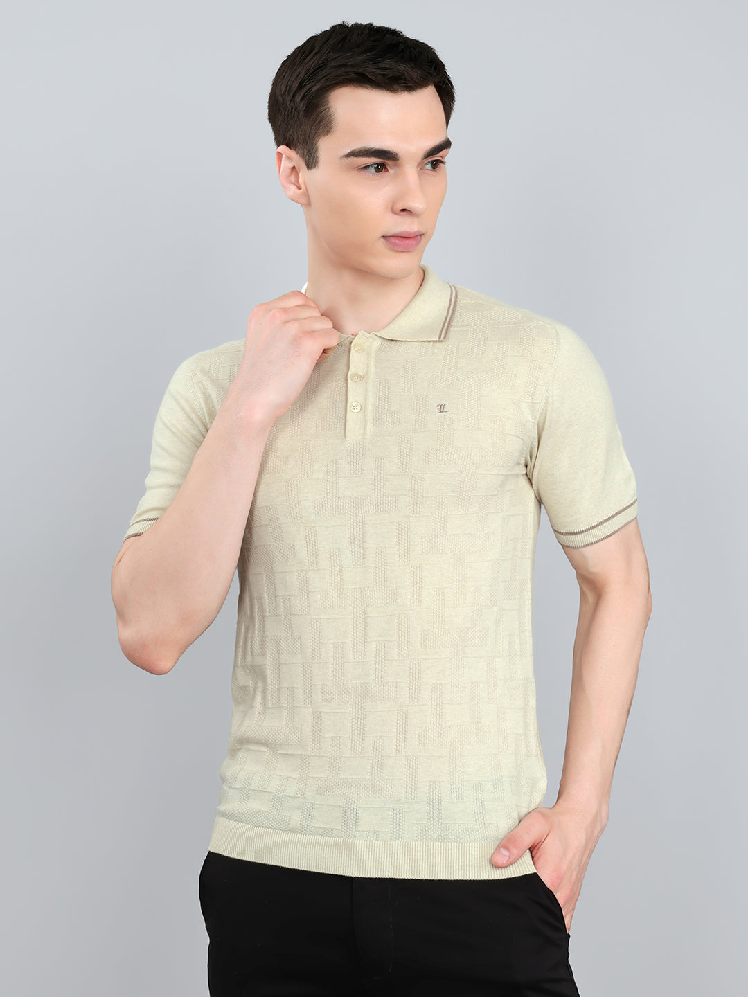 Luxuria Men Cream Self Design Collar Half Sleeve T-Shirt