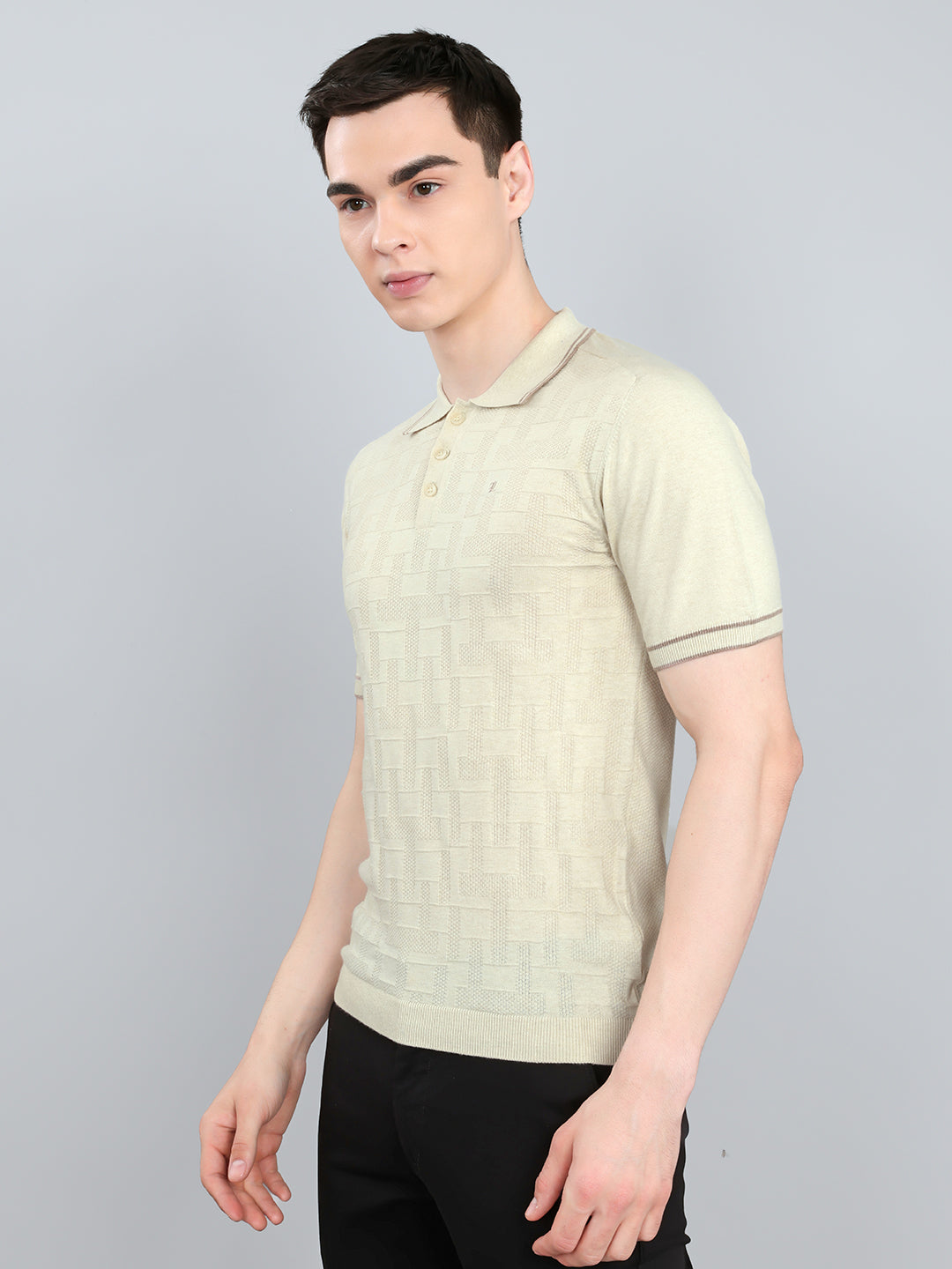 Luxuria Men Cream Self Design Collar Half Sleeve T-Shirt