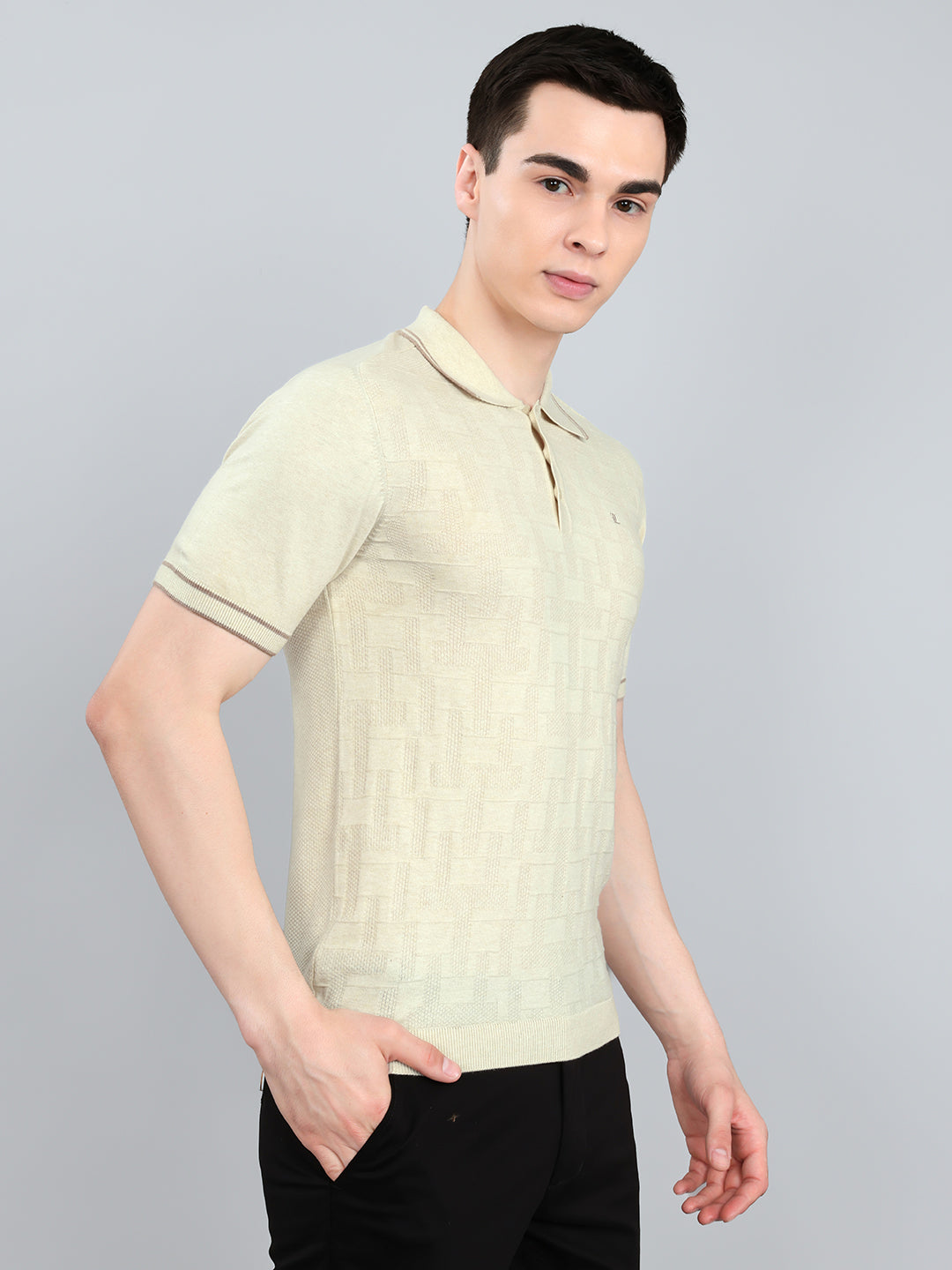 Luxuria Men Cream Self Design Collar Half Sleeve T-Shirt