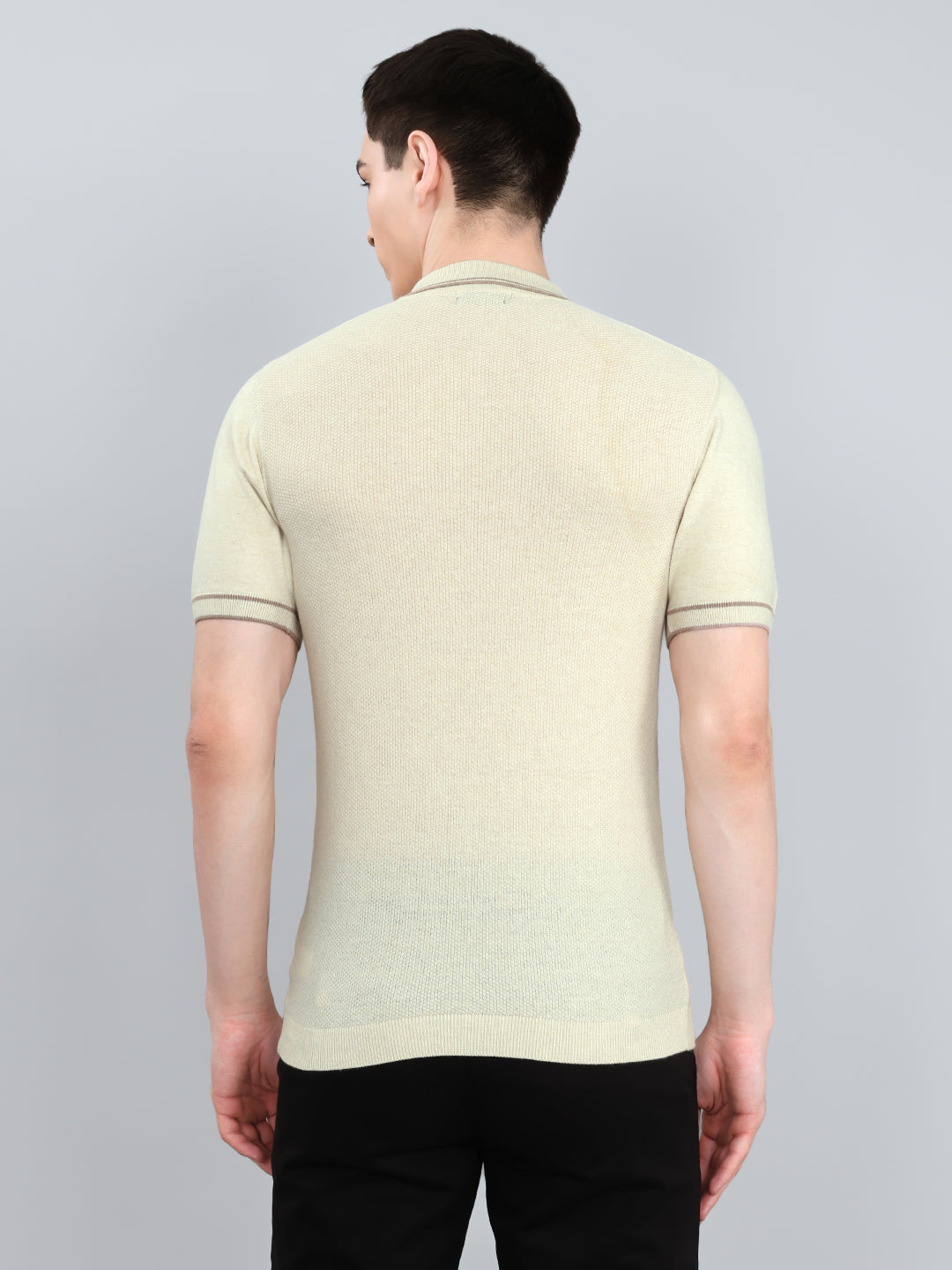 Luxuria Men Cream Self Design Collar Half Sleeve T-Shirt