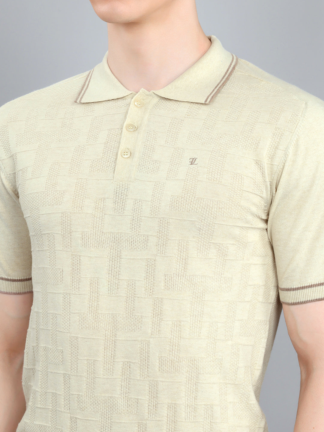 Luxuria Men Cream Self Design Collar Half Sleeve T-Shirt