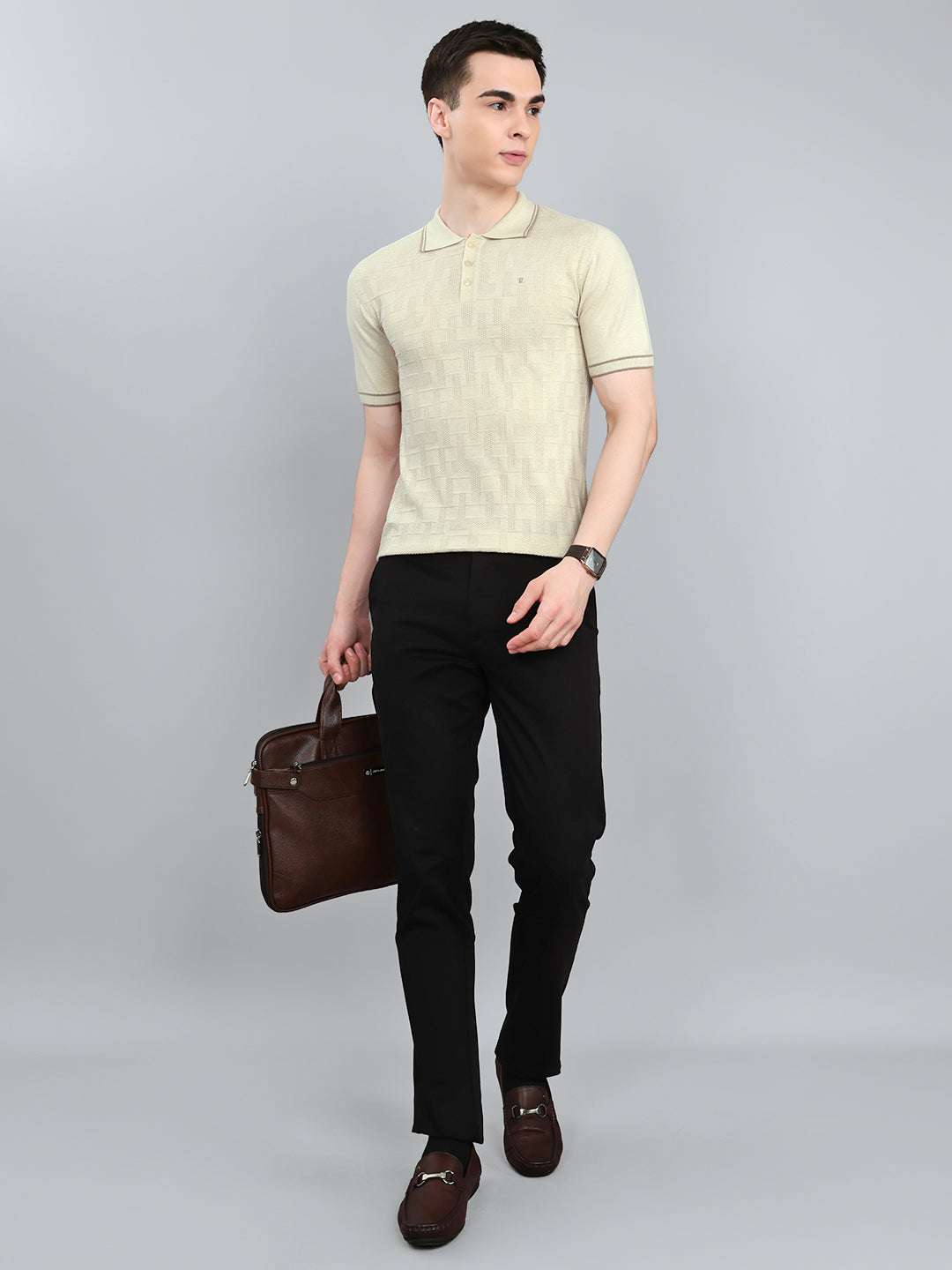 Luxuria Men Cream Self Design Collar Half Sleeve T-Shirt