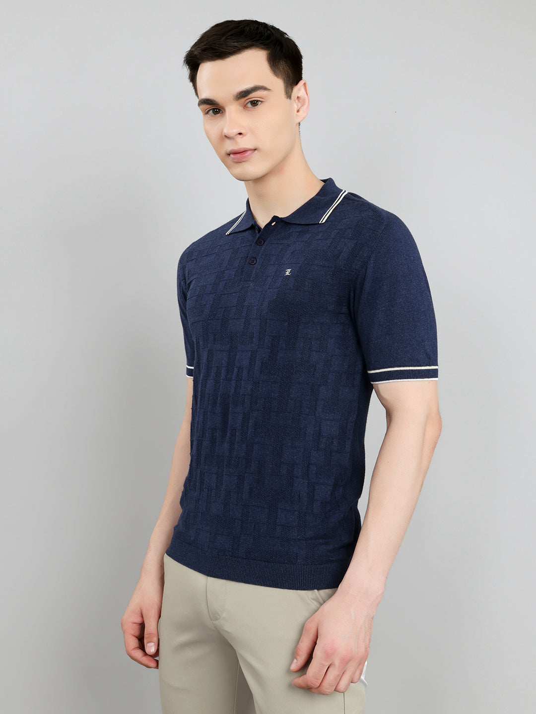 Luxuria Men Navy Blue Self Design Collar Half Sleeve T-Shirt