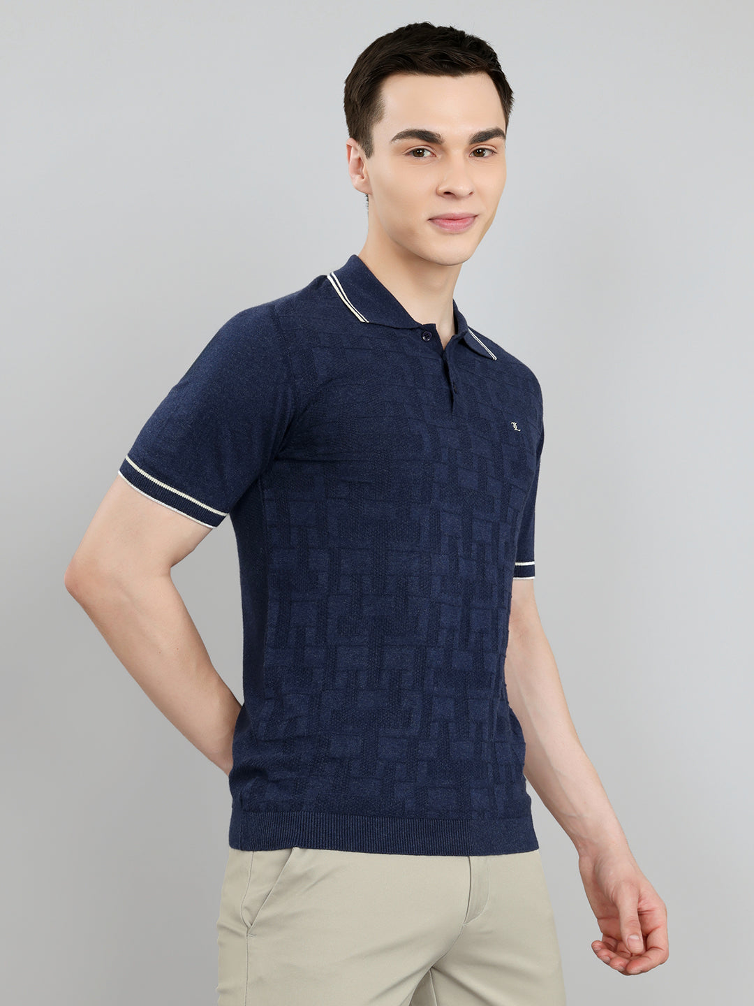 Luxuria Men Navy Blue Self Design Collar Half Sleeve T-Shirt