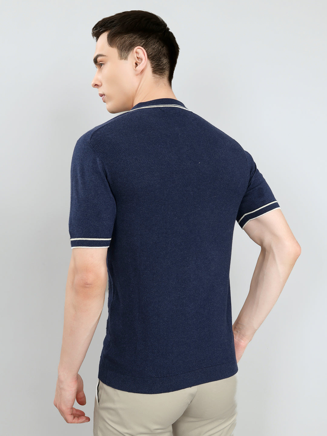 Luxuria Men Navy Blue Self Design Collar Half Sleeve T-Shirt