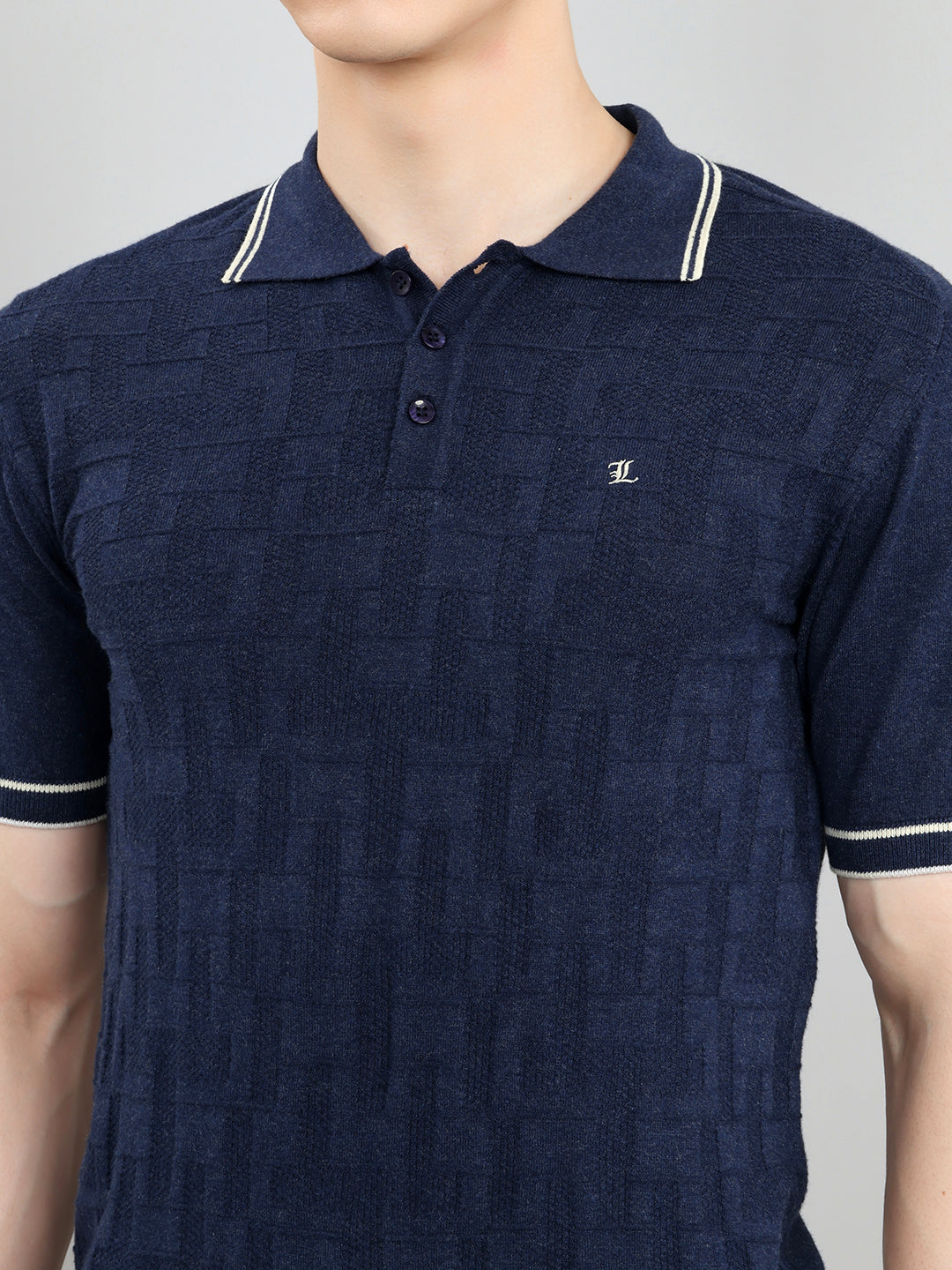 Luxuria Men Navy Blue Self Design Collar Half Sleeve T-Shirt