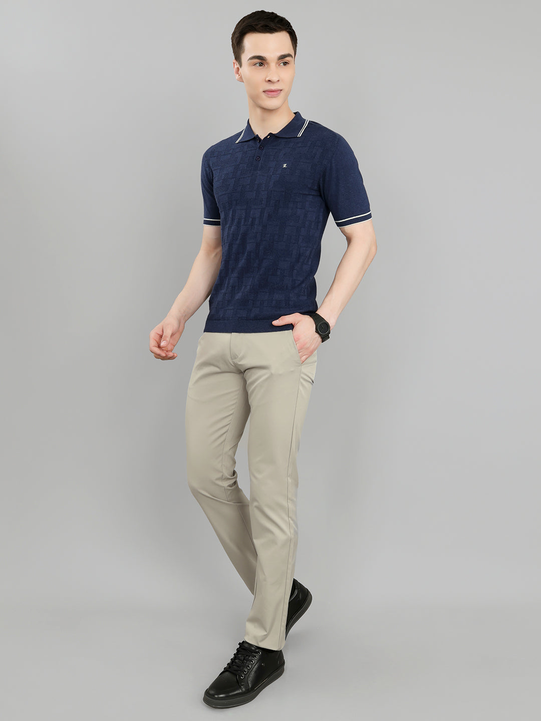 Luxuria Men Navy Blue Self Design Collar Half Sleeve T-Shirt