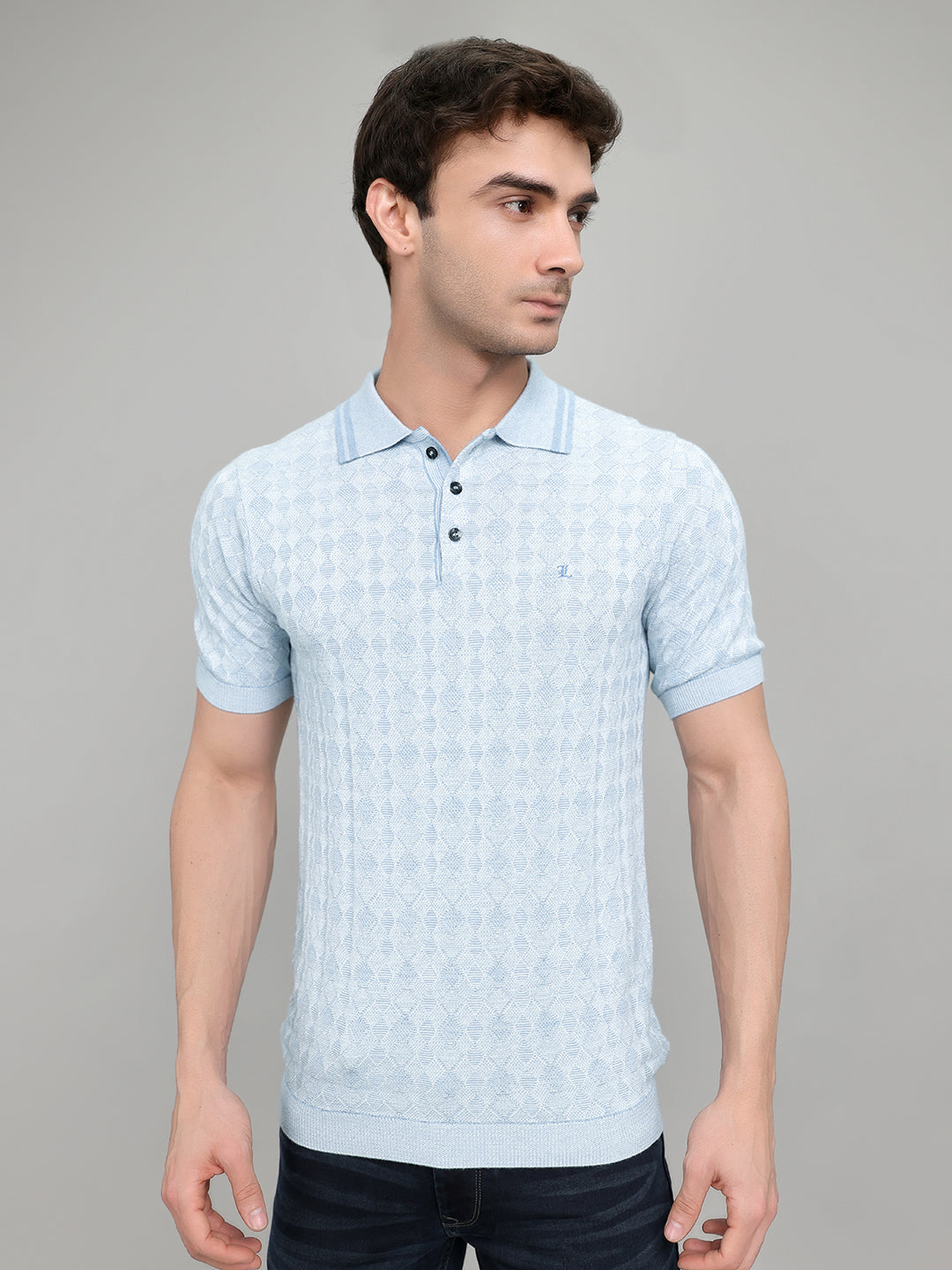 Luxuria Men Light Blue Jacquard Collar Half Sleeve T-Shirt
