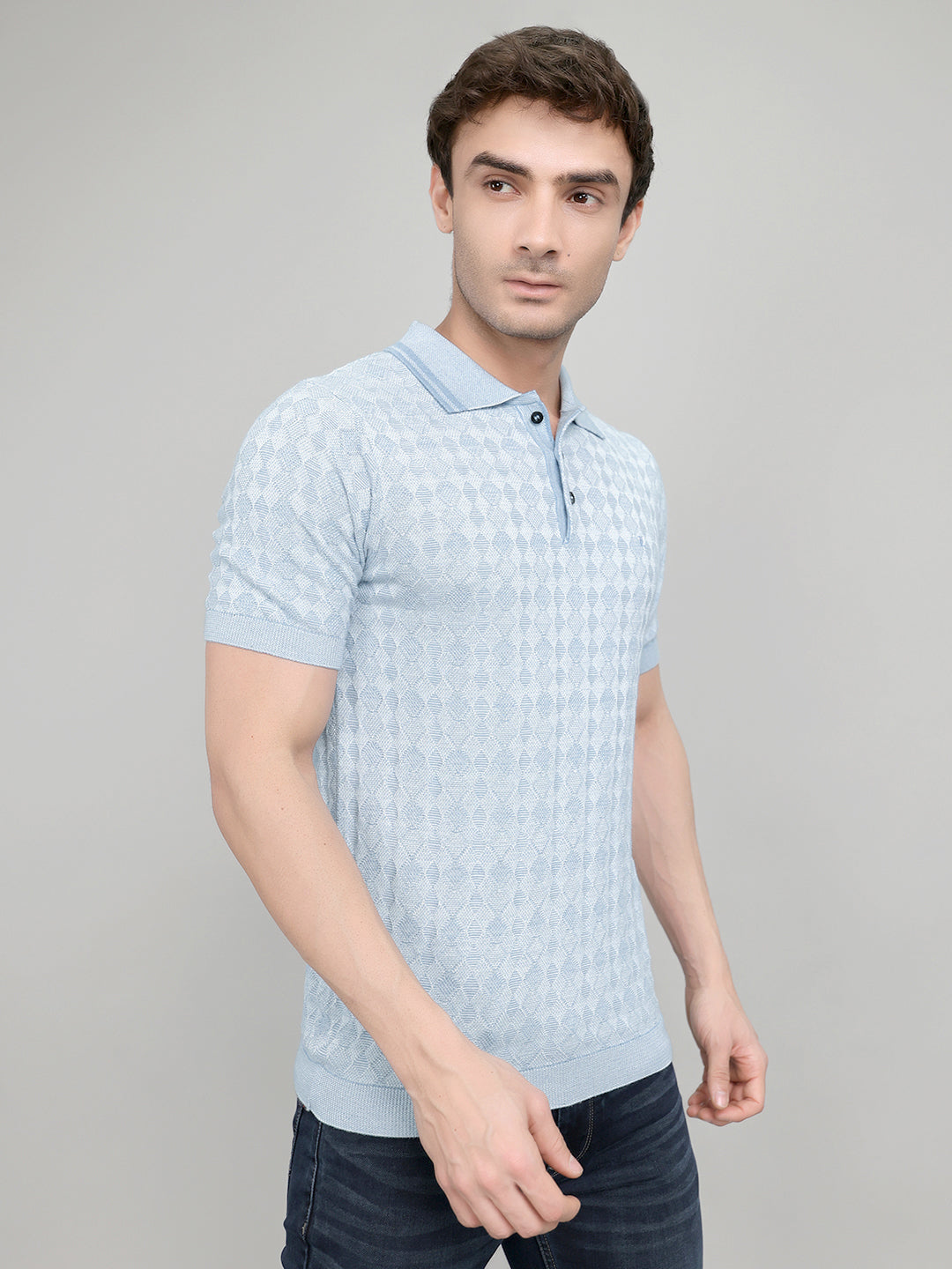 Luxuria Men Light Blue Jacquard Collar Half Sleeve T-Shirt