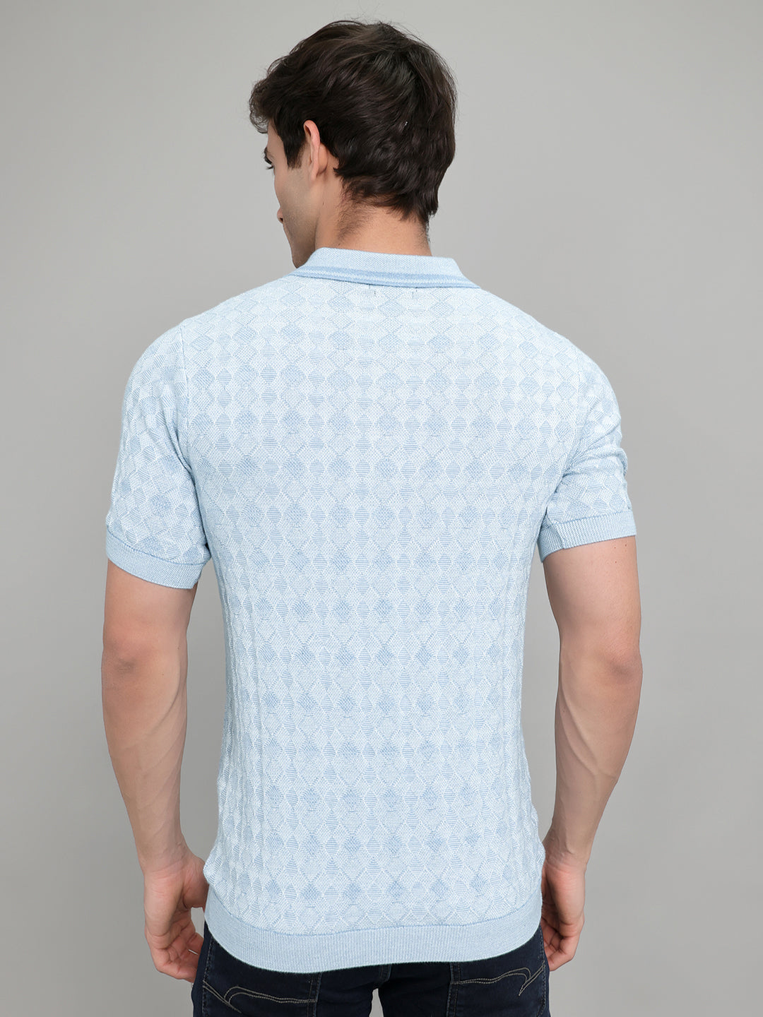 Luxuria Men Light Blue Jacquard Collar Half Sleeve T-Shirt