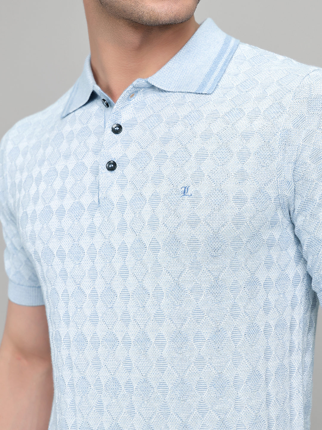 Luxuria Men Light Blue Jacquard Collar Half Sleeve T-Shirt