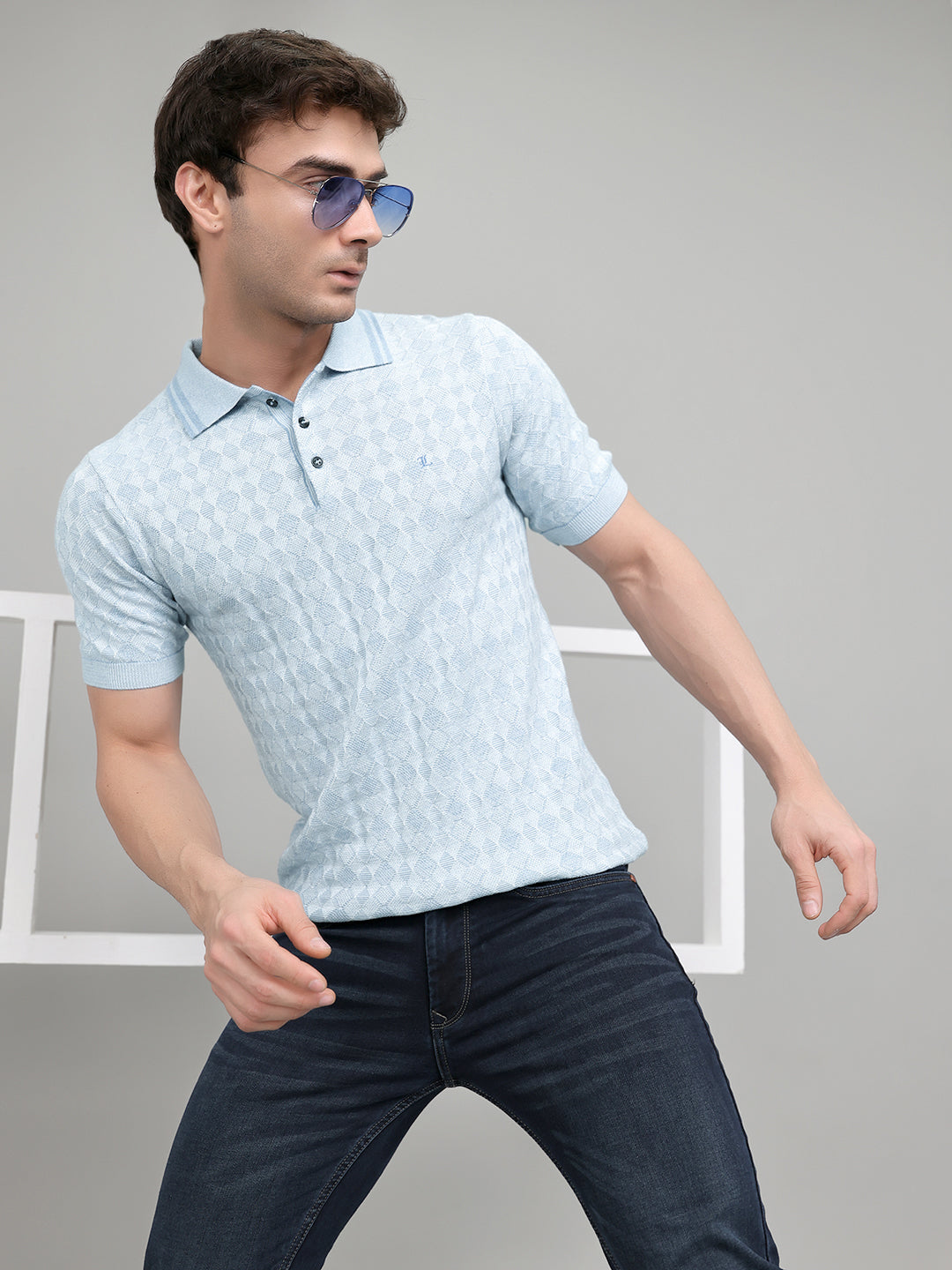 Luxuria Men Light Blue Jacquard Collar Half Sleeve T-Shirt