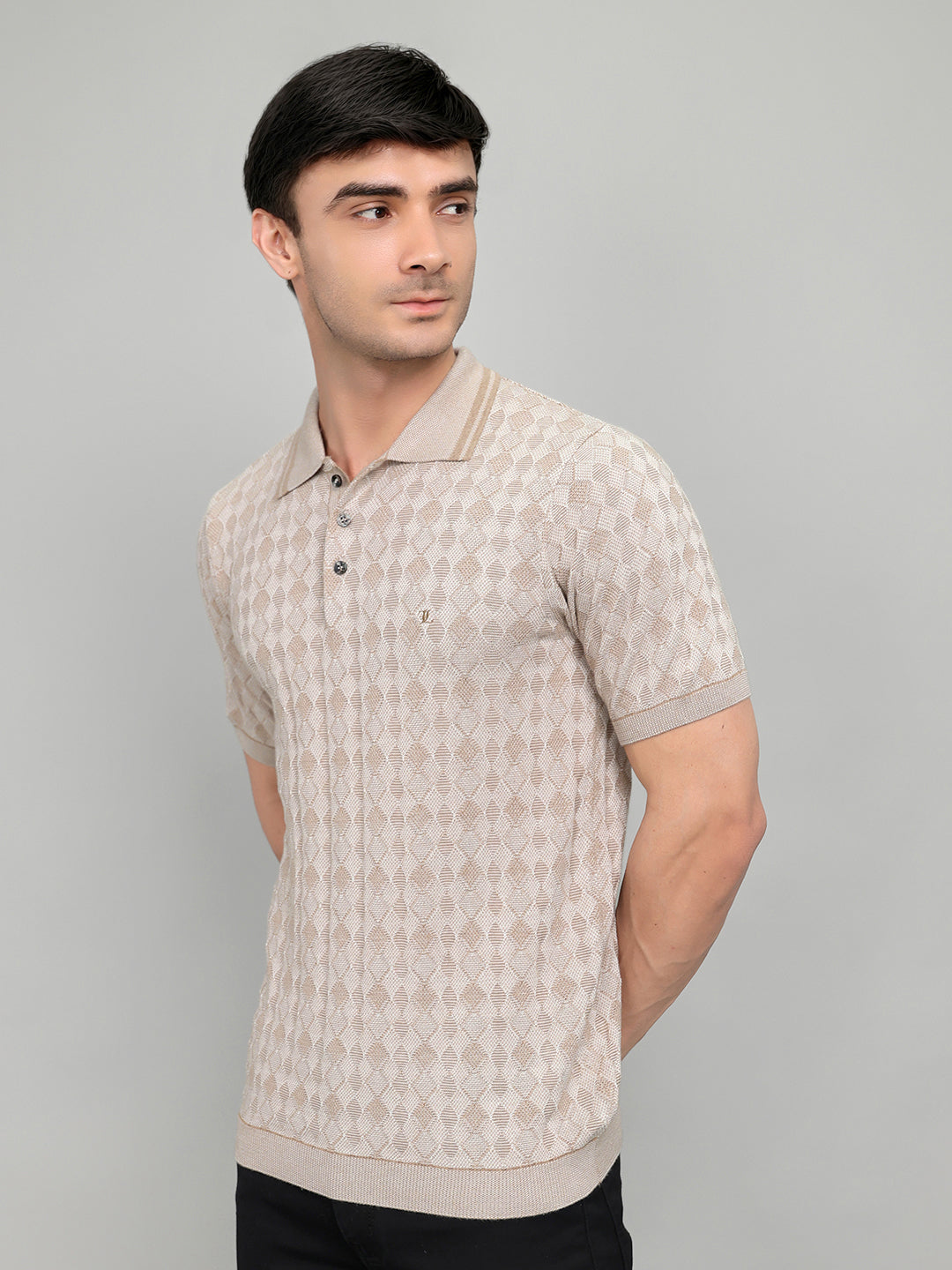 Luxuria Men Camel Brown Solid Collar Half Sleeve T-Shirt