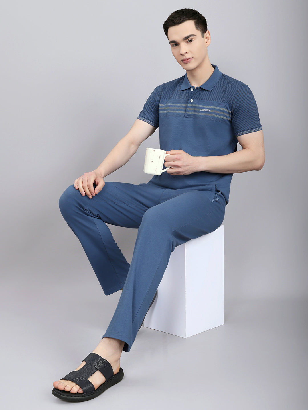Luxuria Men Sky Blue Solid Round Neck Half Sleeve Lower Set