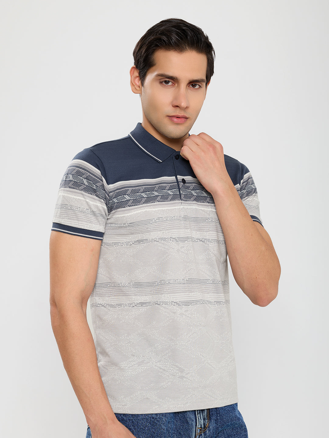 Men Blue Self Design Polo Collar Half Sleeve T-Shirt
