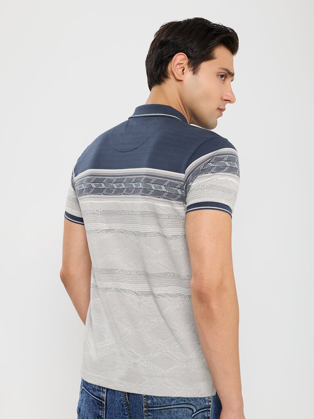 Men Blue Self Design Polo Collar Half Sleeve T-Shirt
