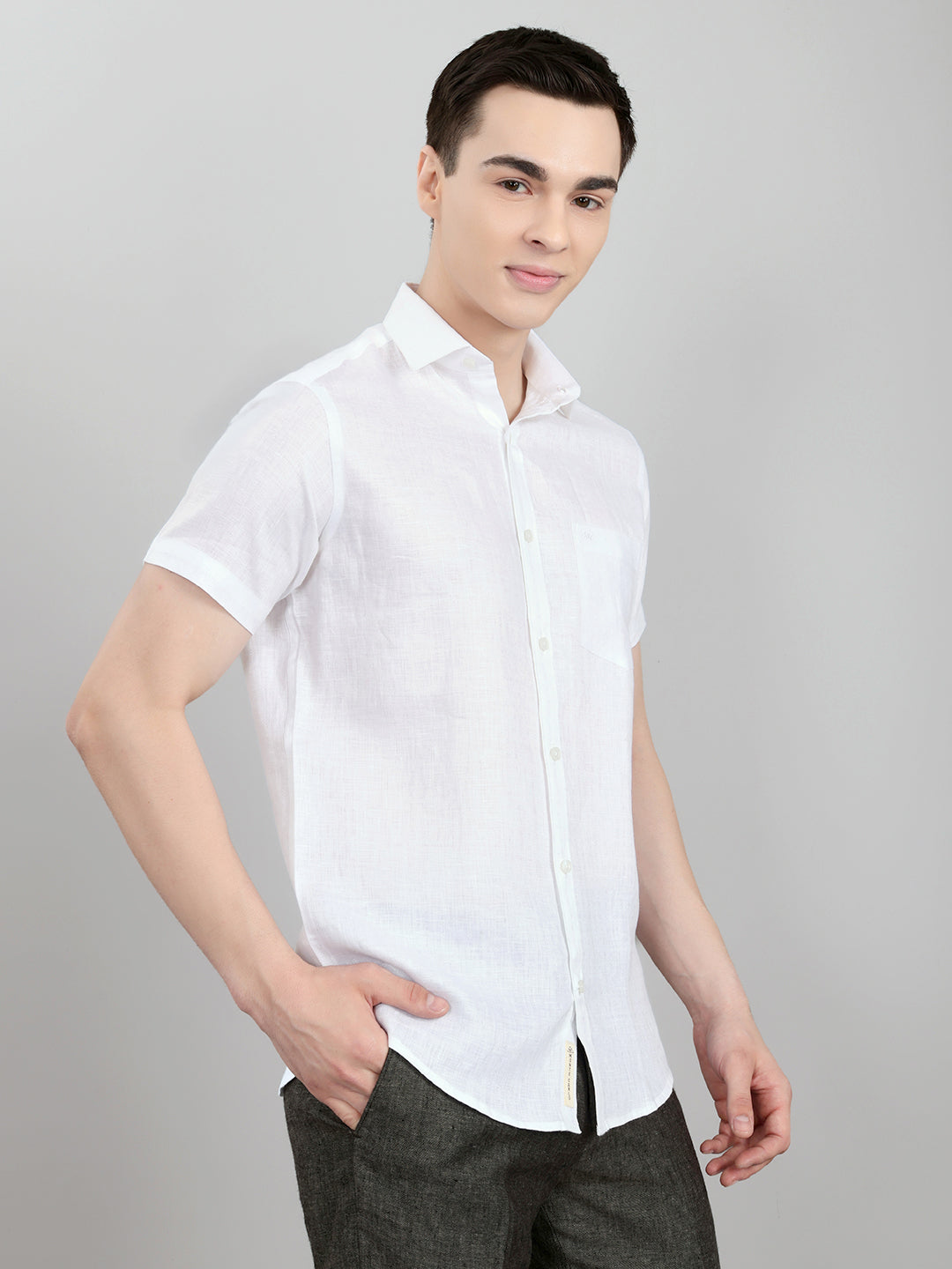Men White Self Design Collar Half Sleeve Shirt
