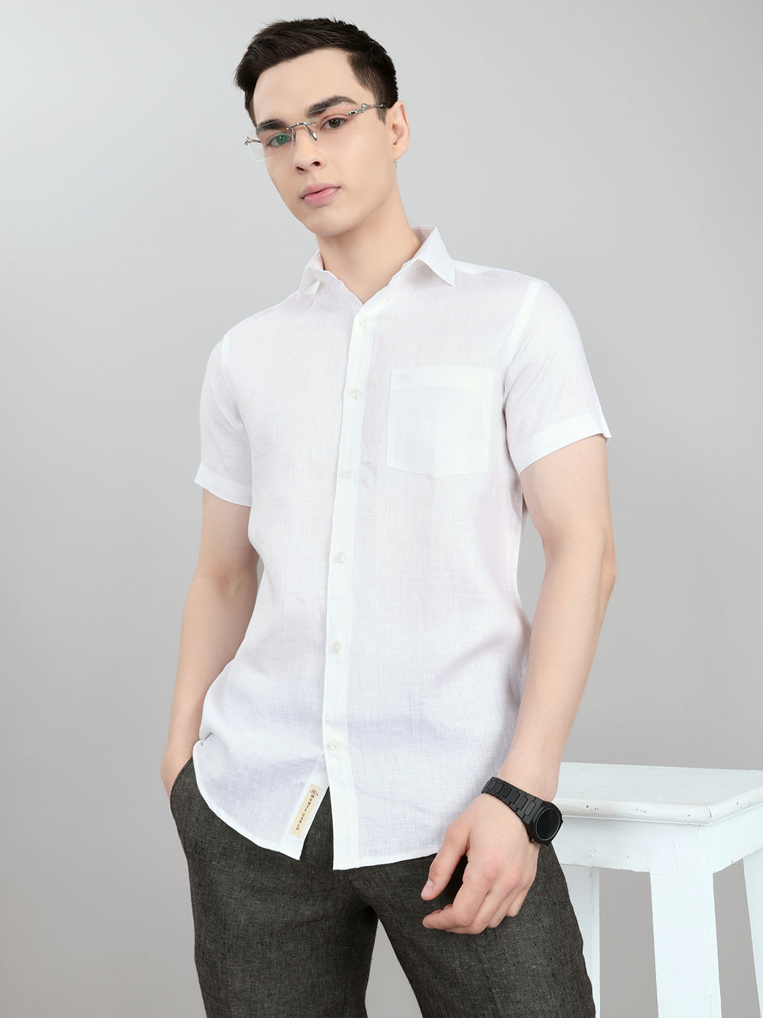 Men White Self Design Collar Half Sleeve Shirt