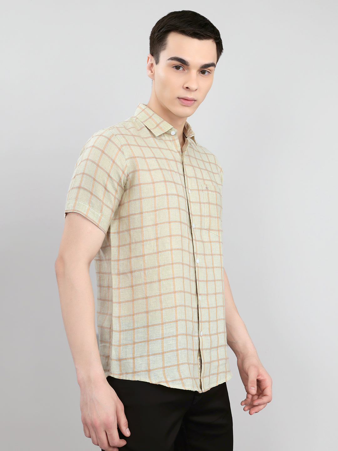 Men Beige Check Collar Half Sleeve Shirt