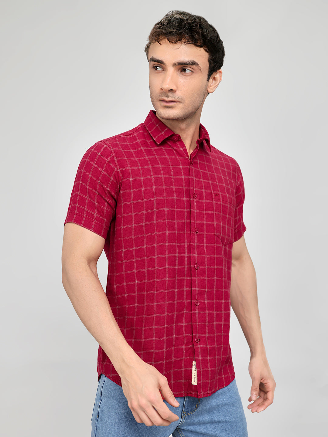 Men Maroon Check Collar Half Sleeve Shirt