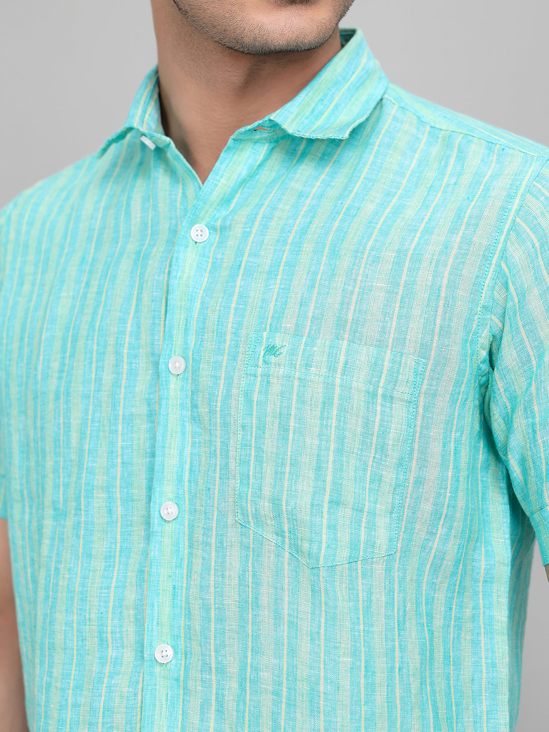 Men Sea Green Stripe Collar Half Sleeve Shirt