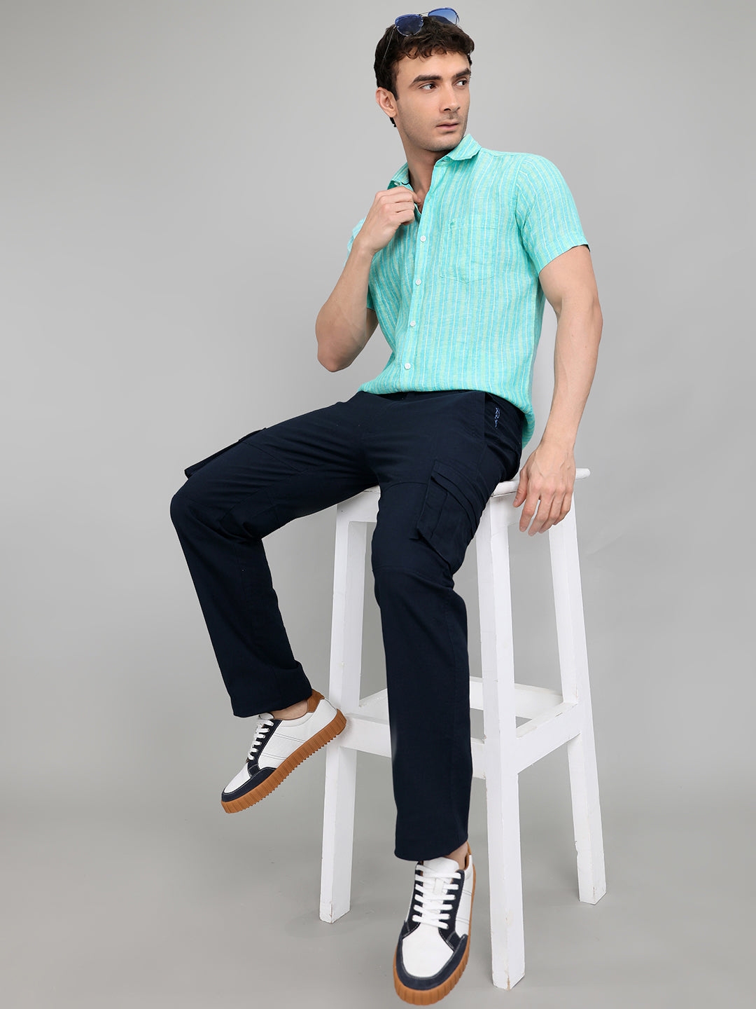 Men Sea Green Stripe Collar Half Sleeve Shirt