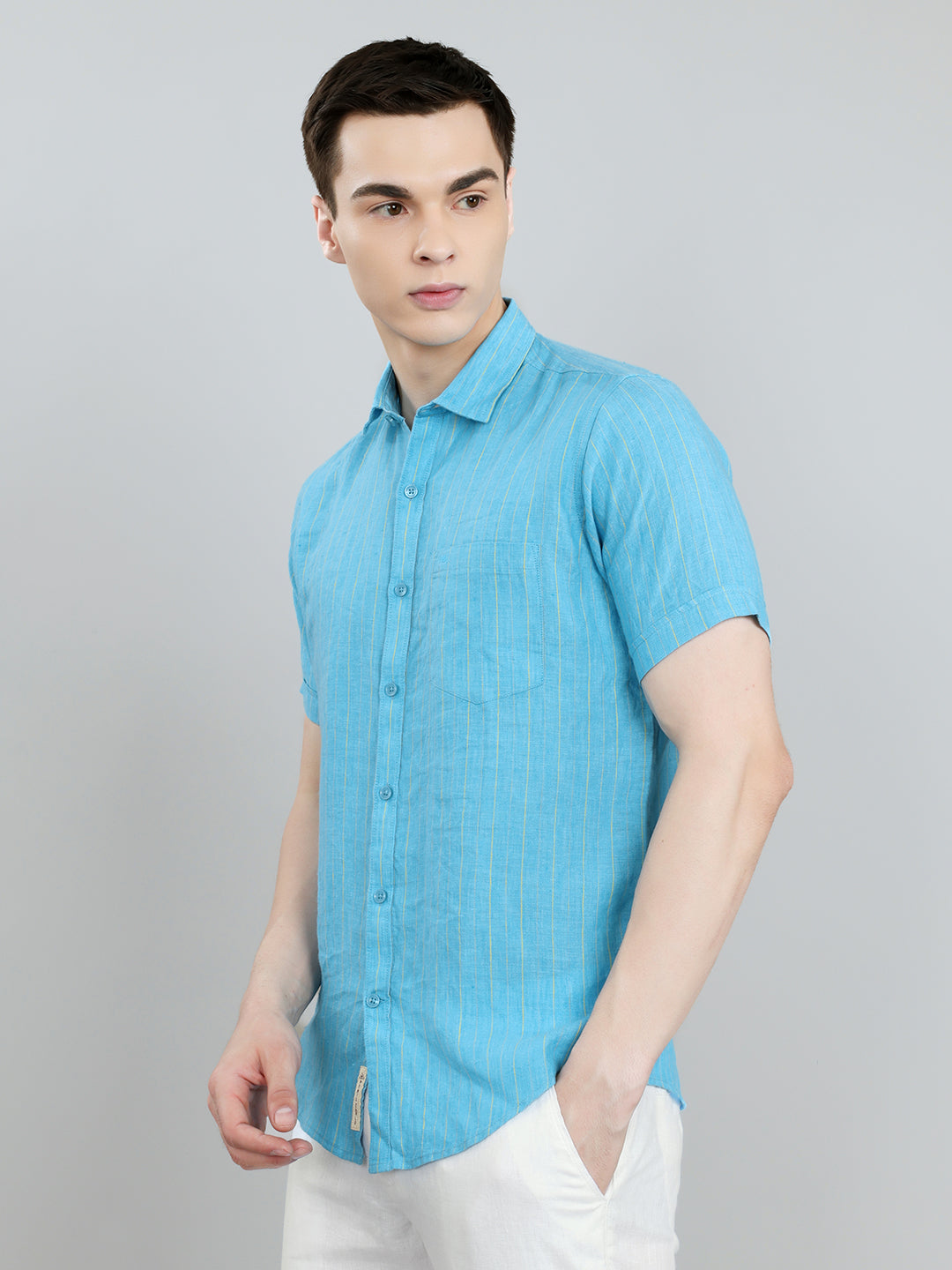Men Blue Stripe Collar Half Sleeve Shirt