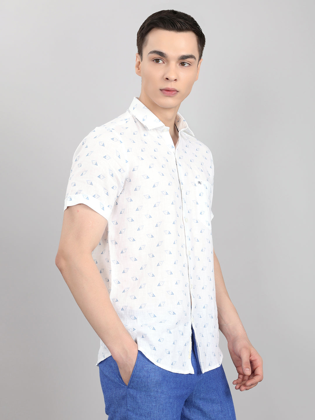 Men White Printed Collar Half Sleeve Shirt