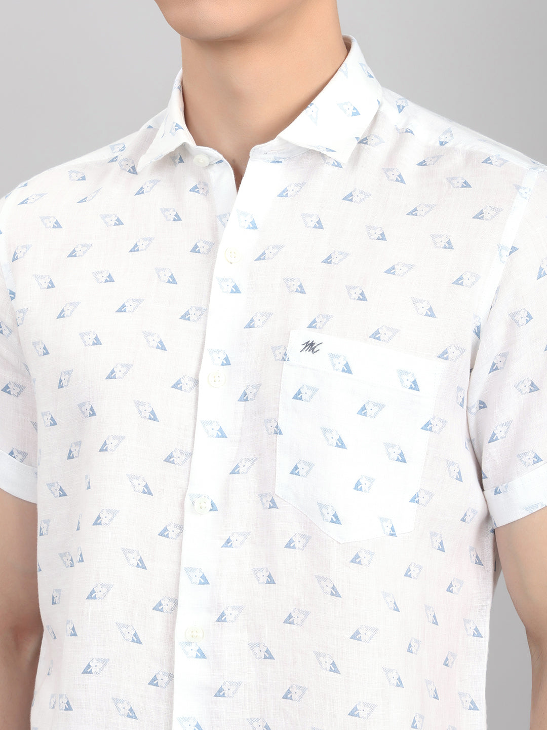 Men White Printed Collar Half Sleeve Shirt