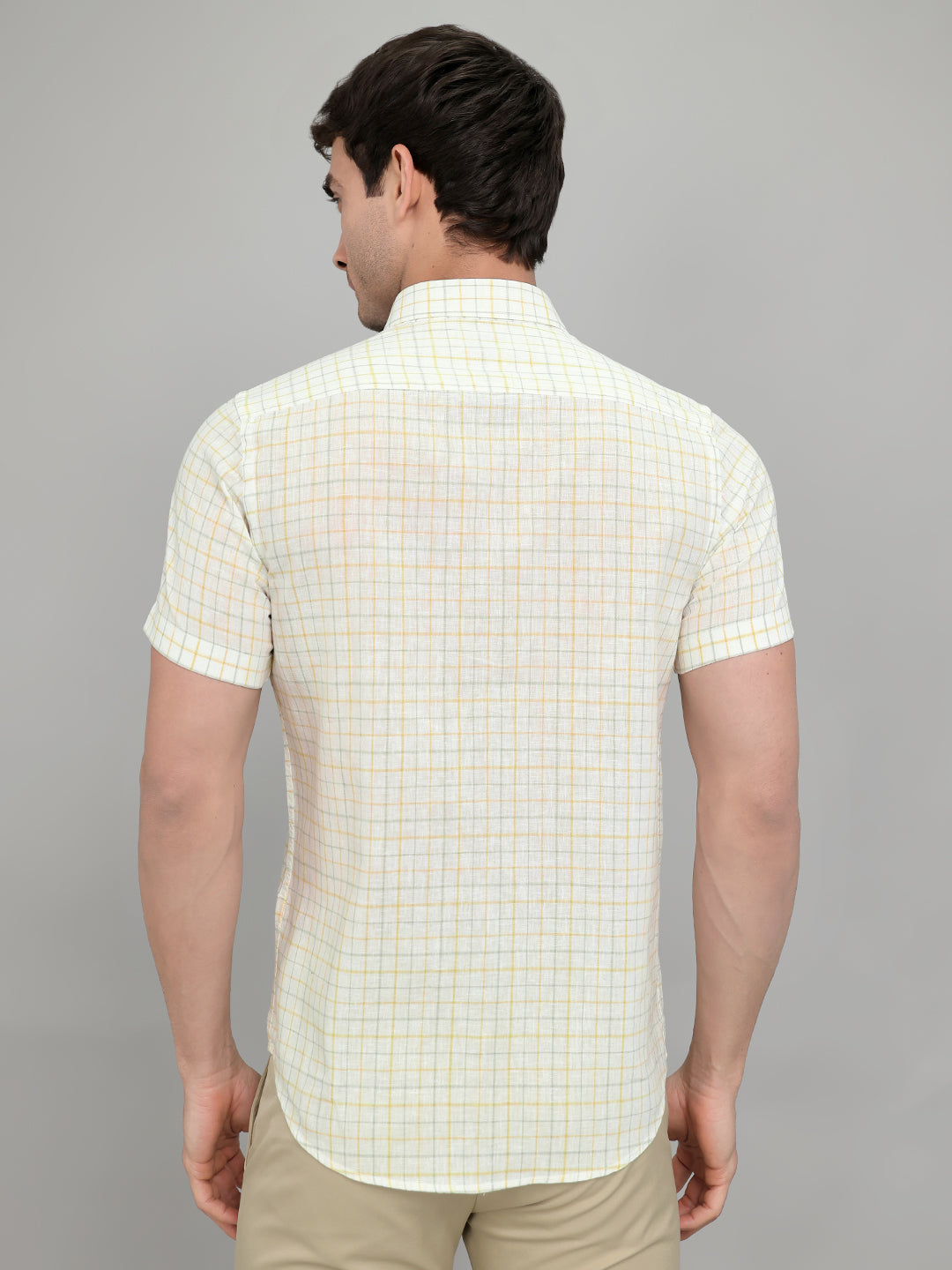 Men White Check Collar Half Sleeve Shirt