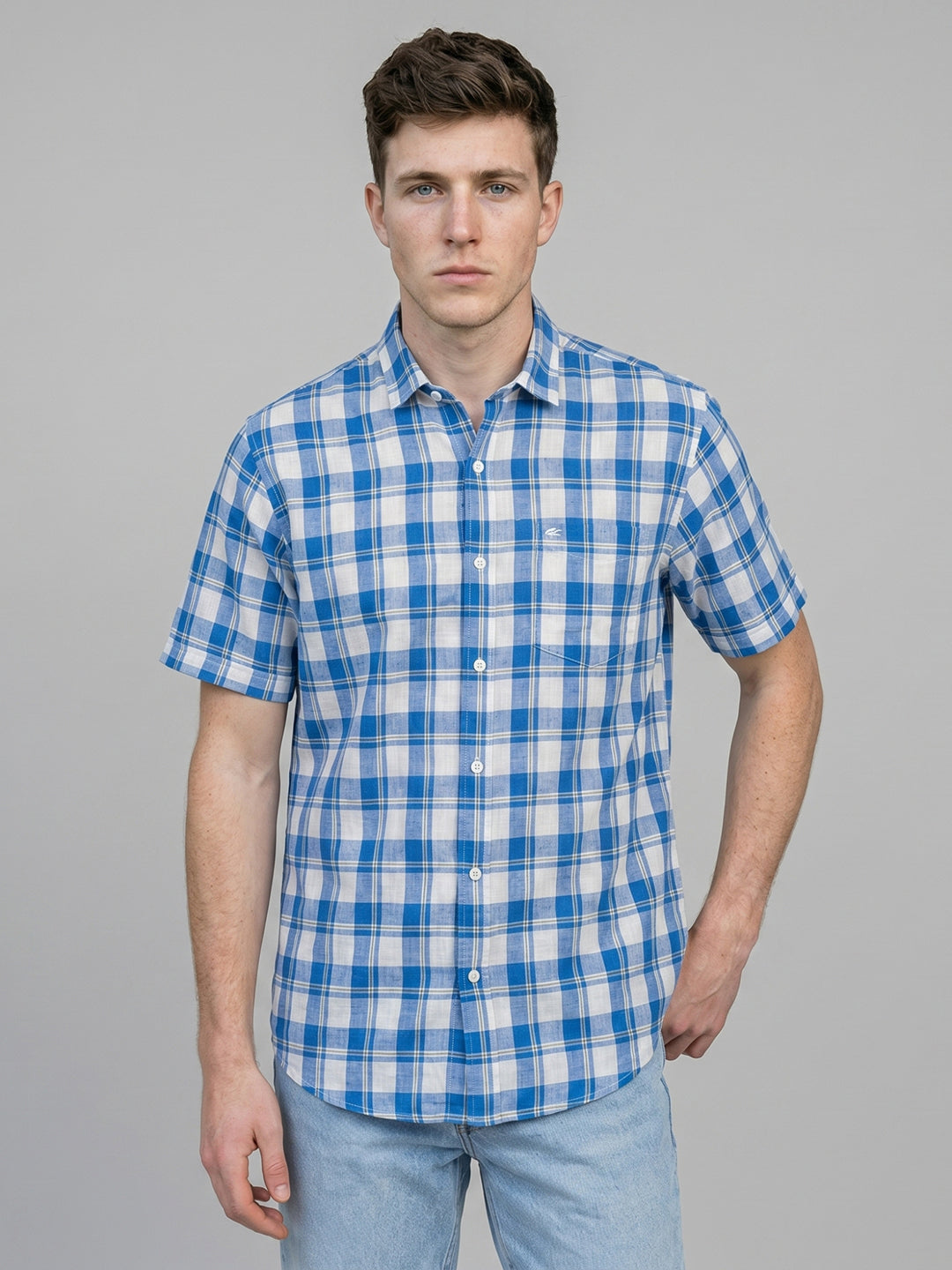 Men Blue Printed Spread Collar Half Sleeve Shirt