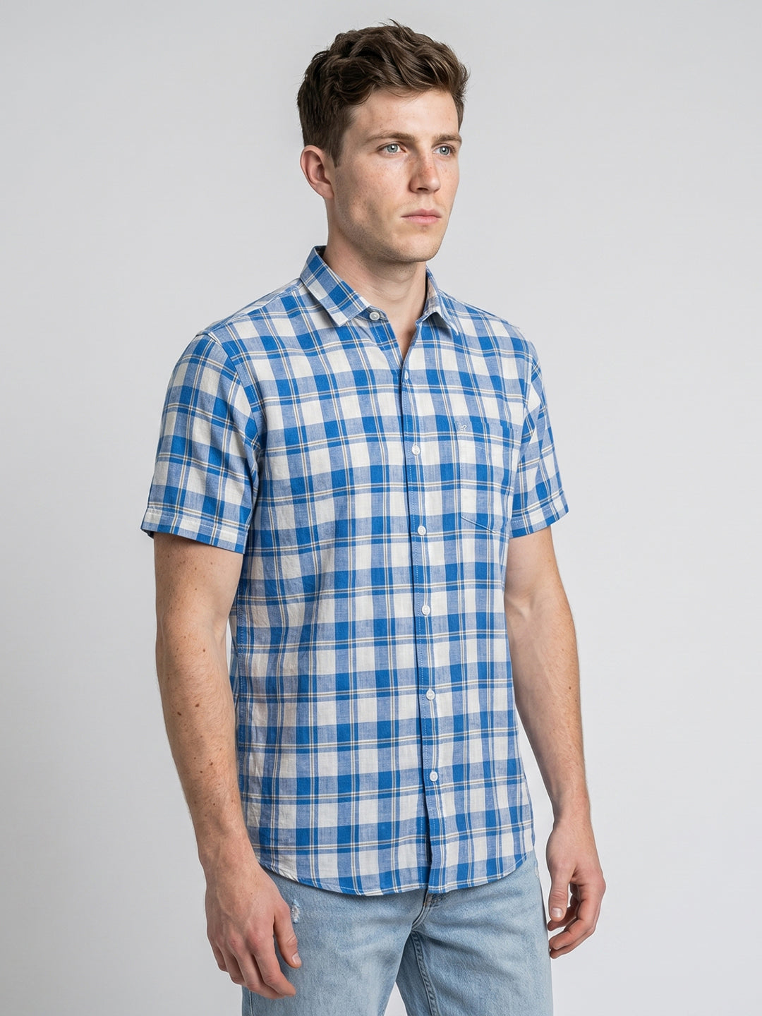 Men Blue Printed Spread Collar Half Sleeve Shirt