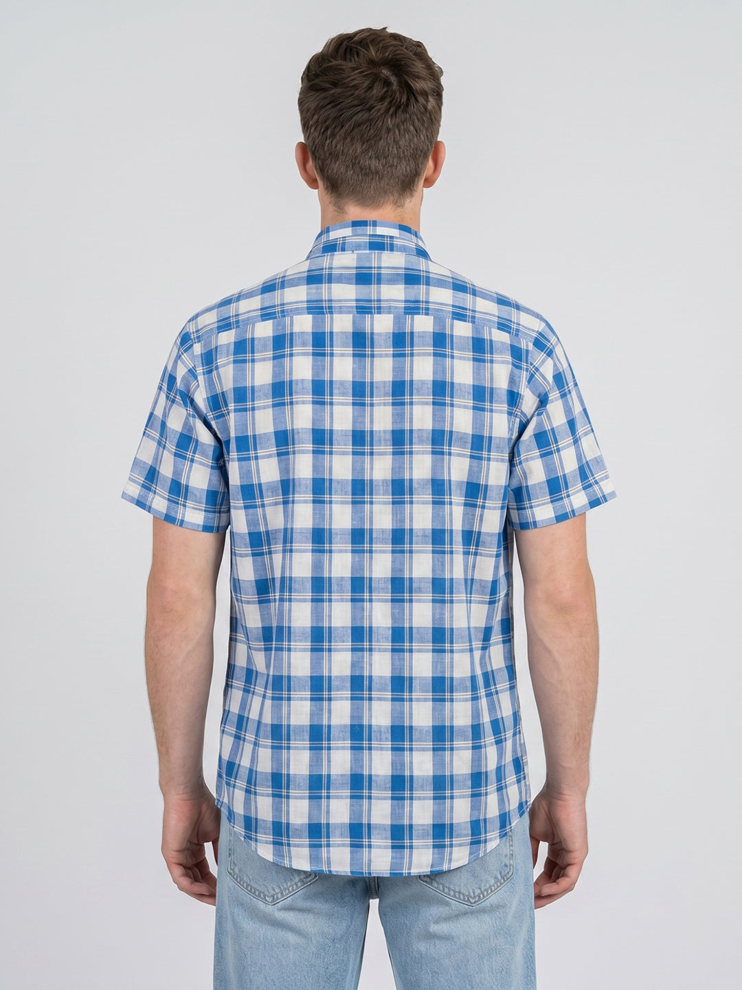 Men Blue Printed Spread Collar Half Sleeve Shirt