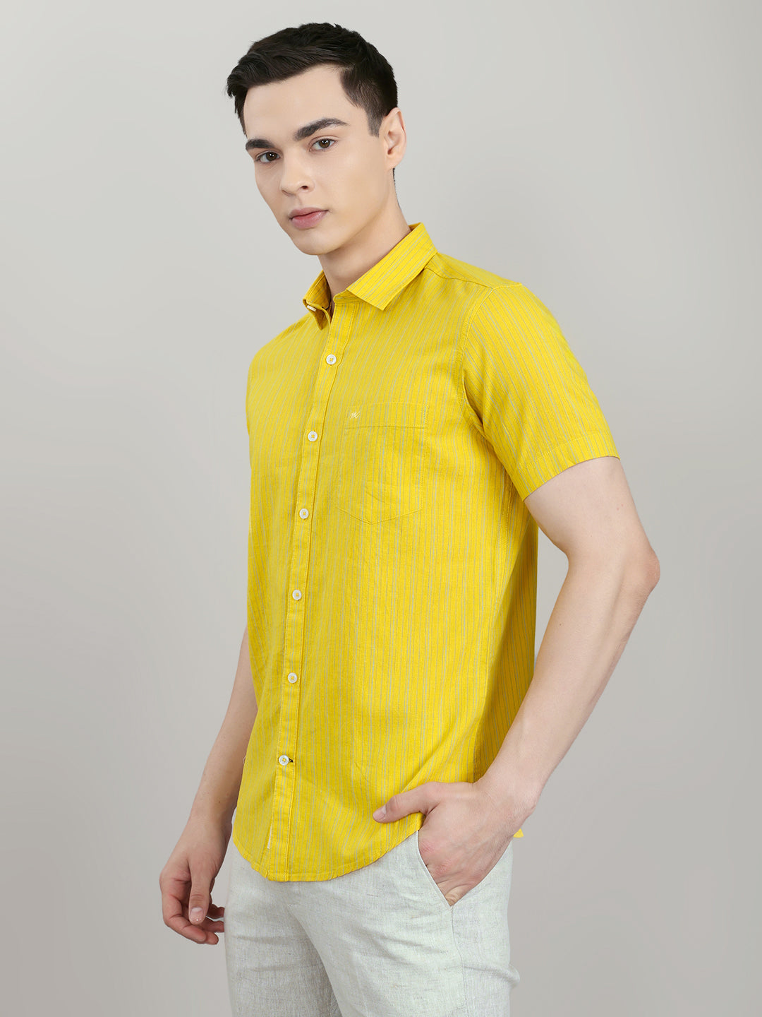 Men Mustard Check Collar Half Sleeve Shirt