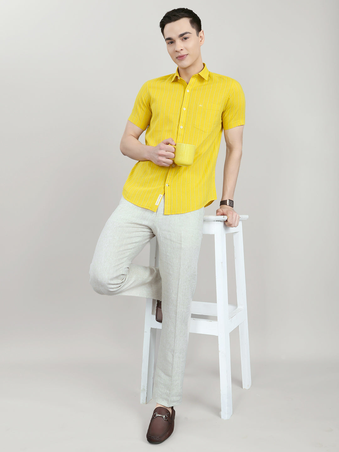 Men Mustard Check Collar Half Sleeve Shirt