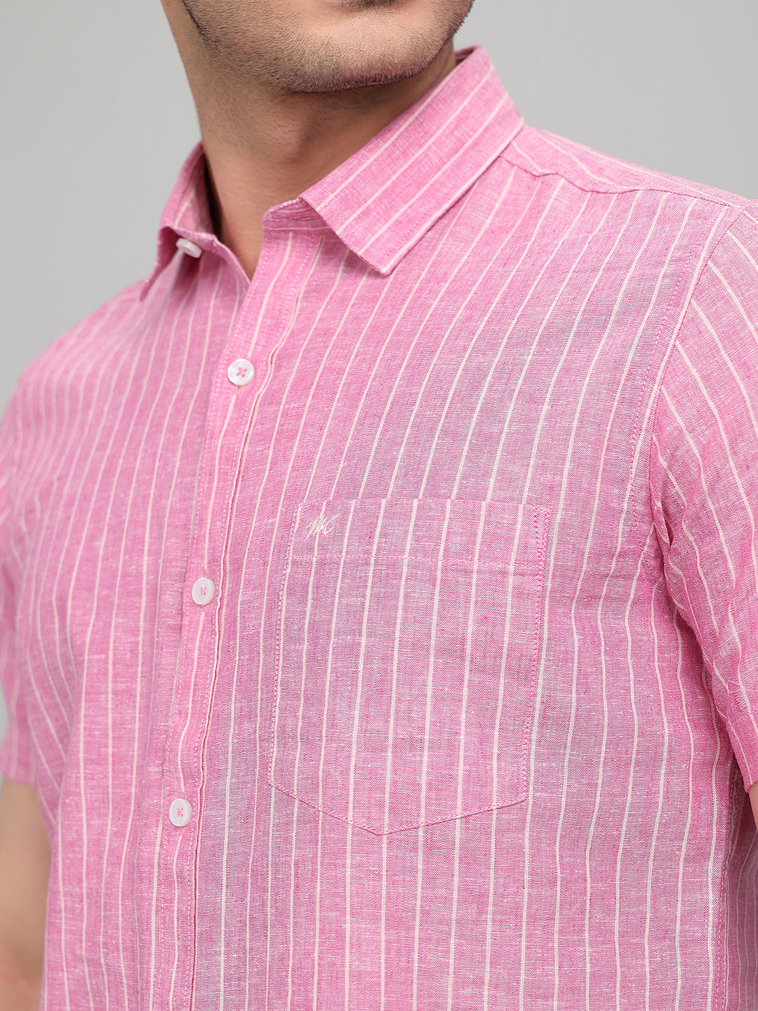 Men Pink Stripe Collar Half Sleeve Shirt