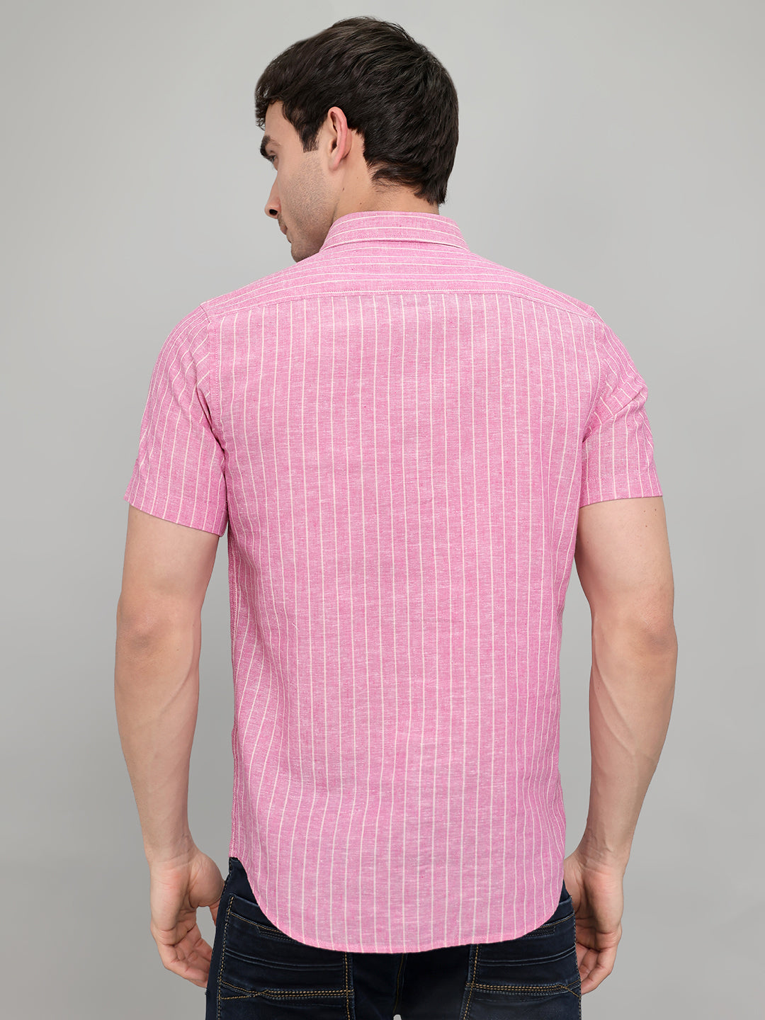 Men Pink Stripe Collar Half Sleeve Shirt