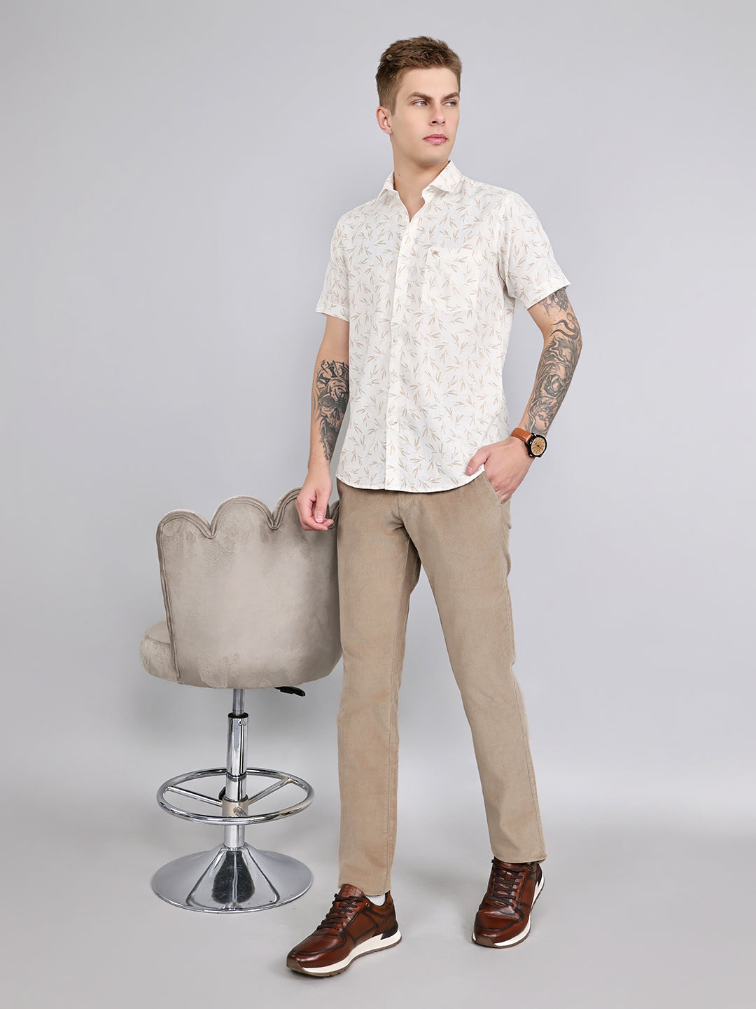 Men White Printed Collar Half Sleeve Shirt