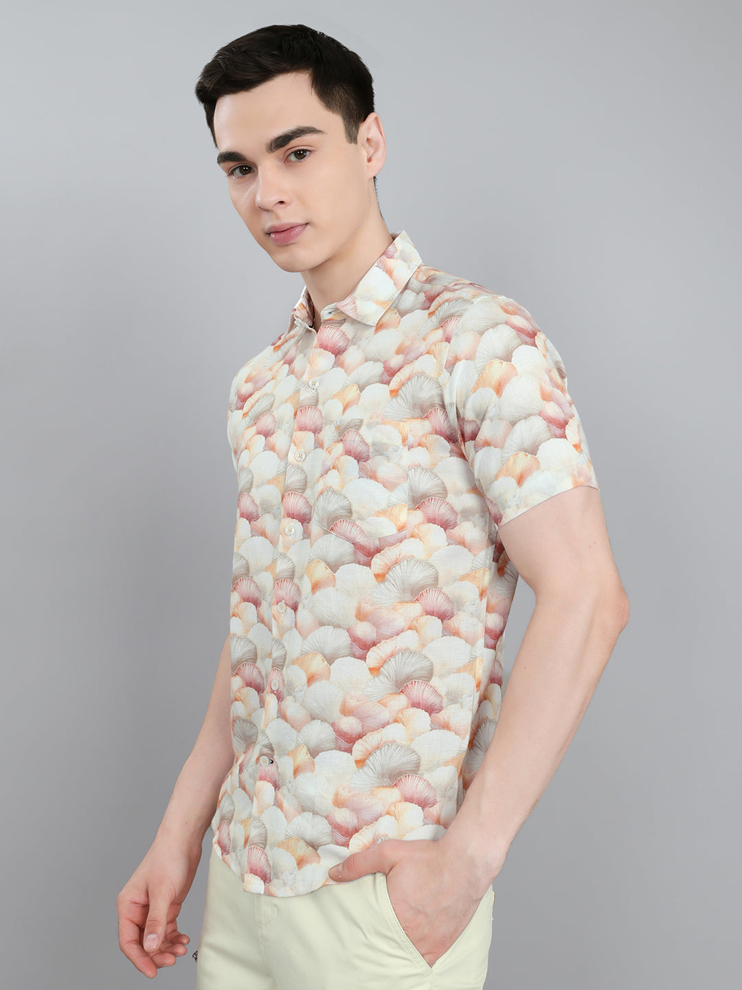 Men Peach Printed Collar Half Sleeve Shirt
