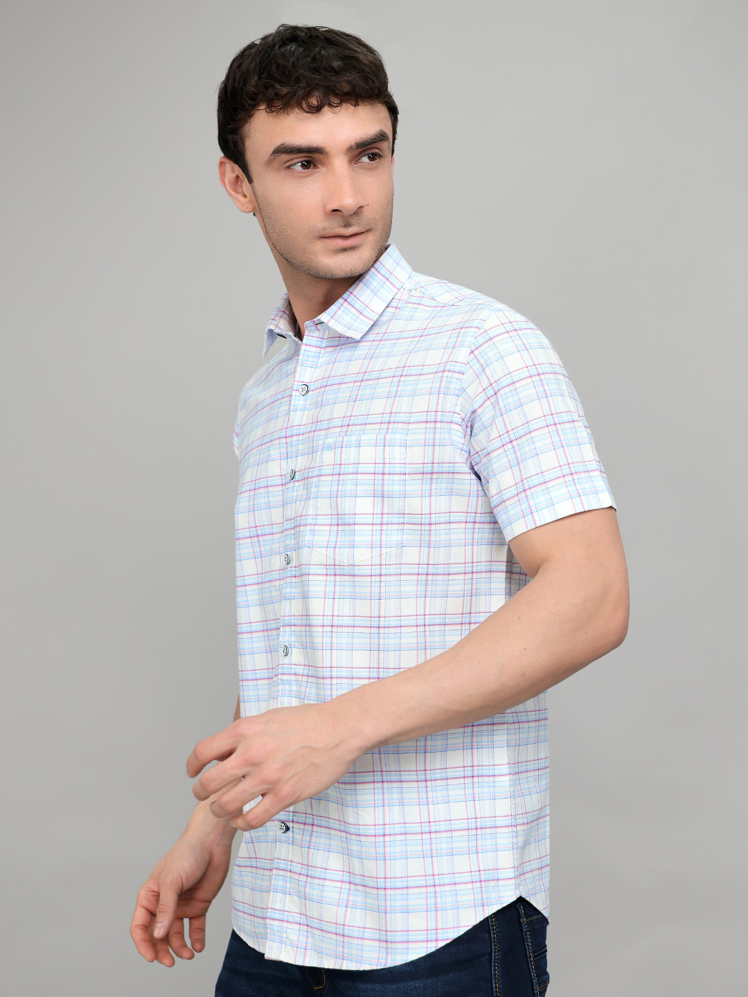 Men White Check Collar Half Sleeve Shirt