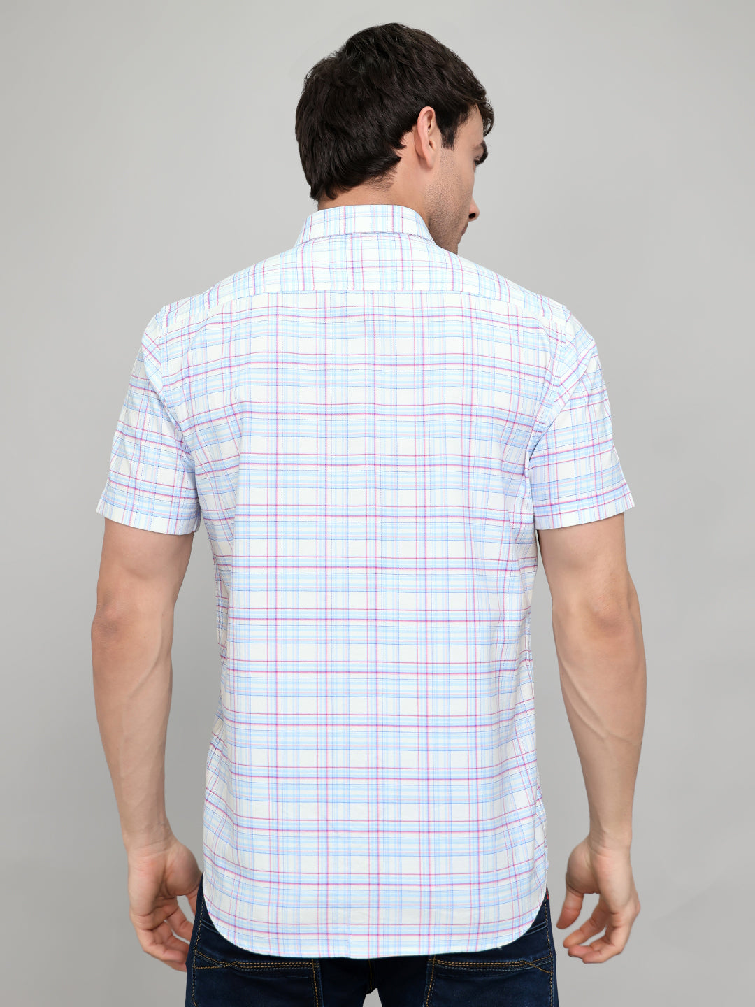 Men White Check Collar Half Sleeve Shirt