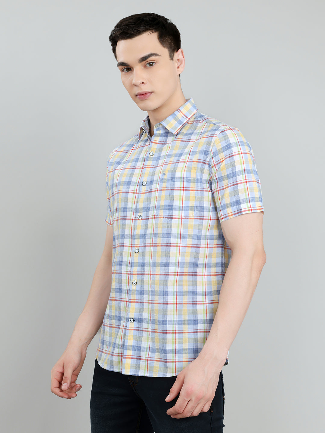 Men Blue Check Collar Half Sleeve Shirt