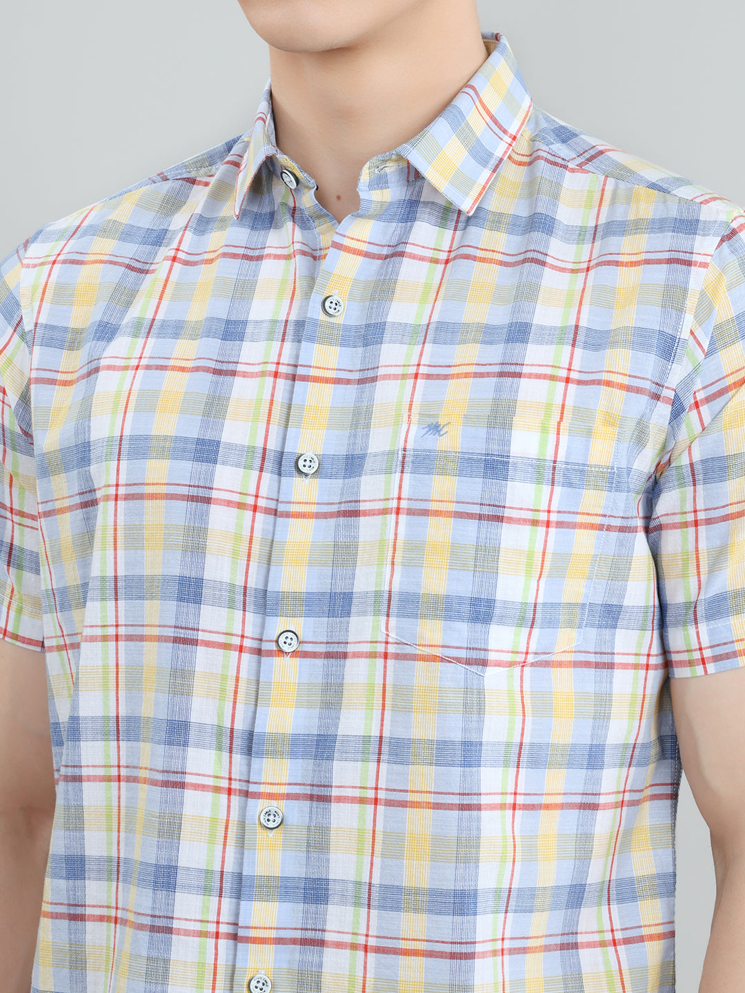 Men Blue Check Collar Half Sleeve Shirt