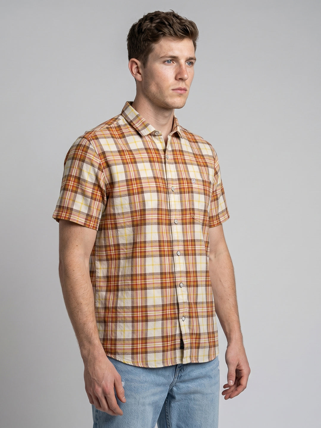 Men Brown Check Spread Collar Half Sleeve Shirt