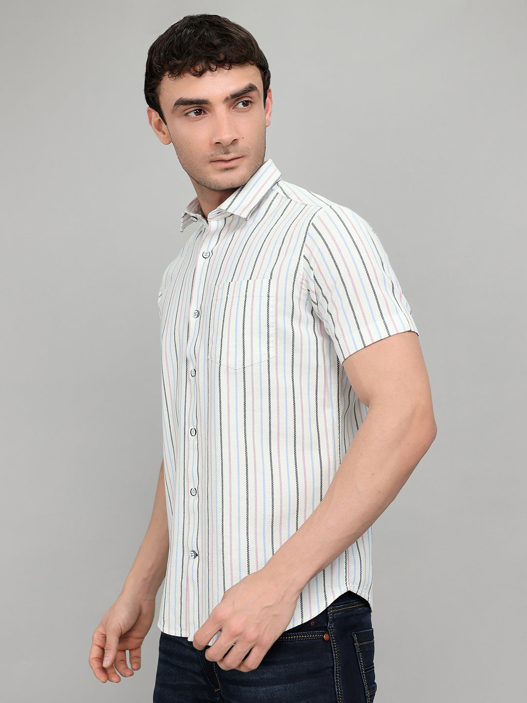 Men White Stripe Collar Half Sleeve Shirt