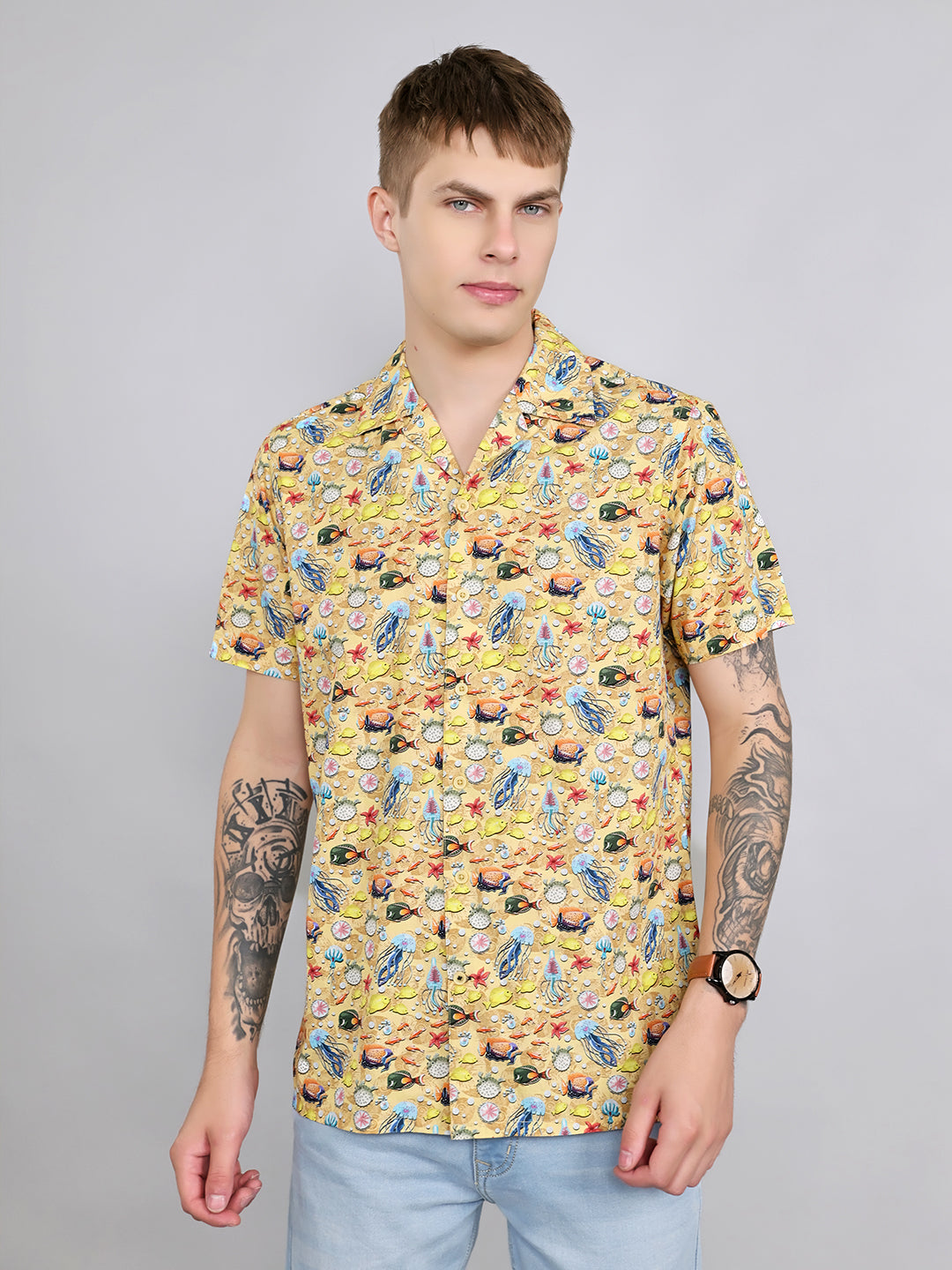 Men Yellow Printed Collar Half Sleeve Shirt