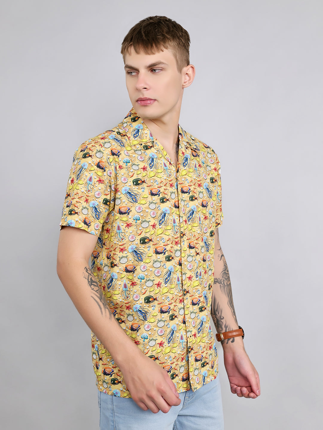 Men Yellow Printed Collar Half Sleeve Shirt