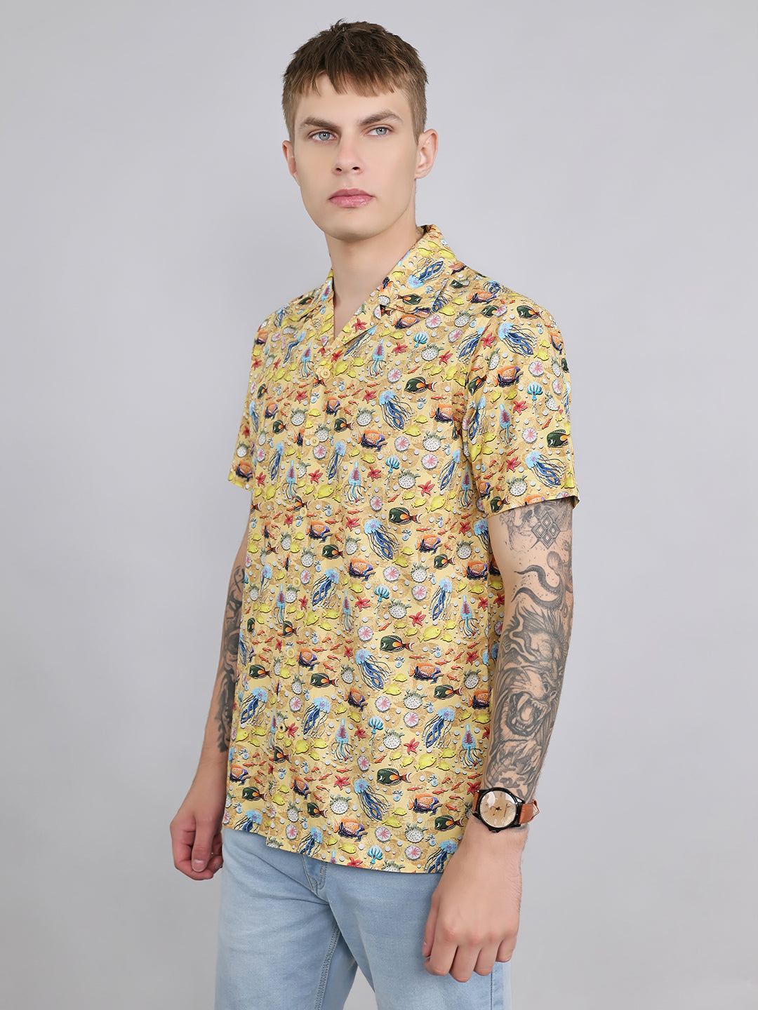 Men Yellow Printed Collar Half Sleeve Shirt